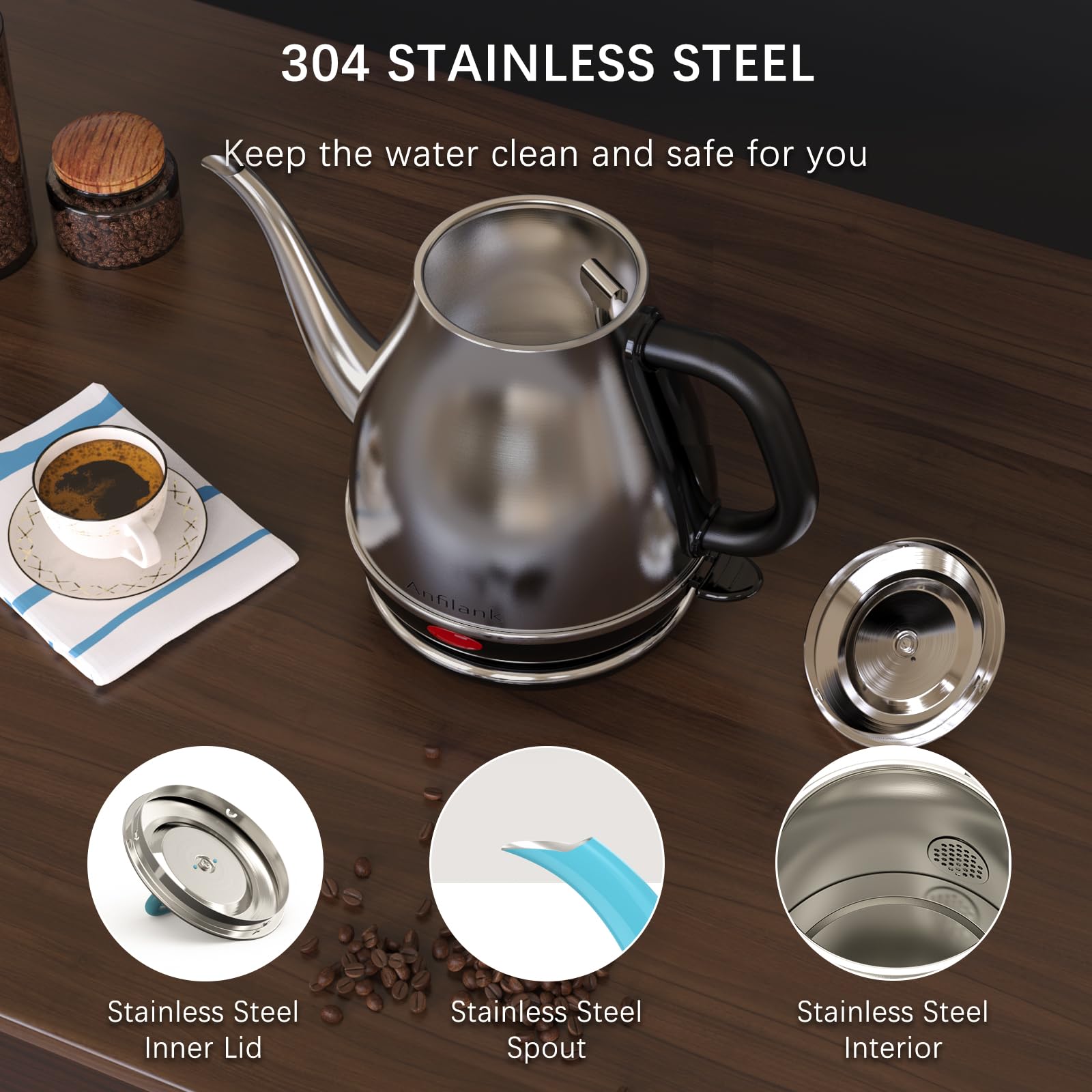 Anfilank Electric Gooseneck Kettle, 1L 1500W Fast Boil, 100% Stainless Steel Bpa Free Pour-Over Coffee & Tea Kettle, Water Boile