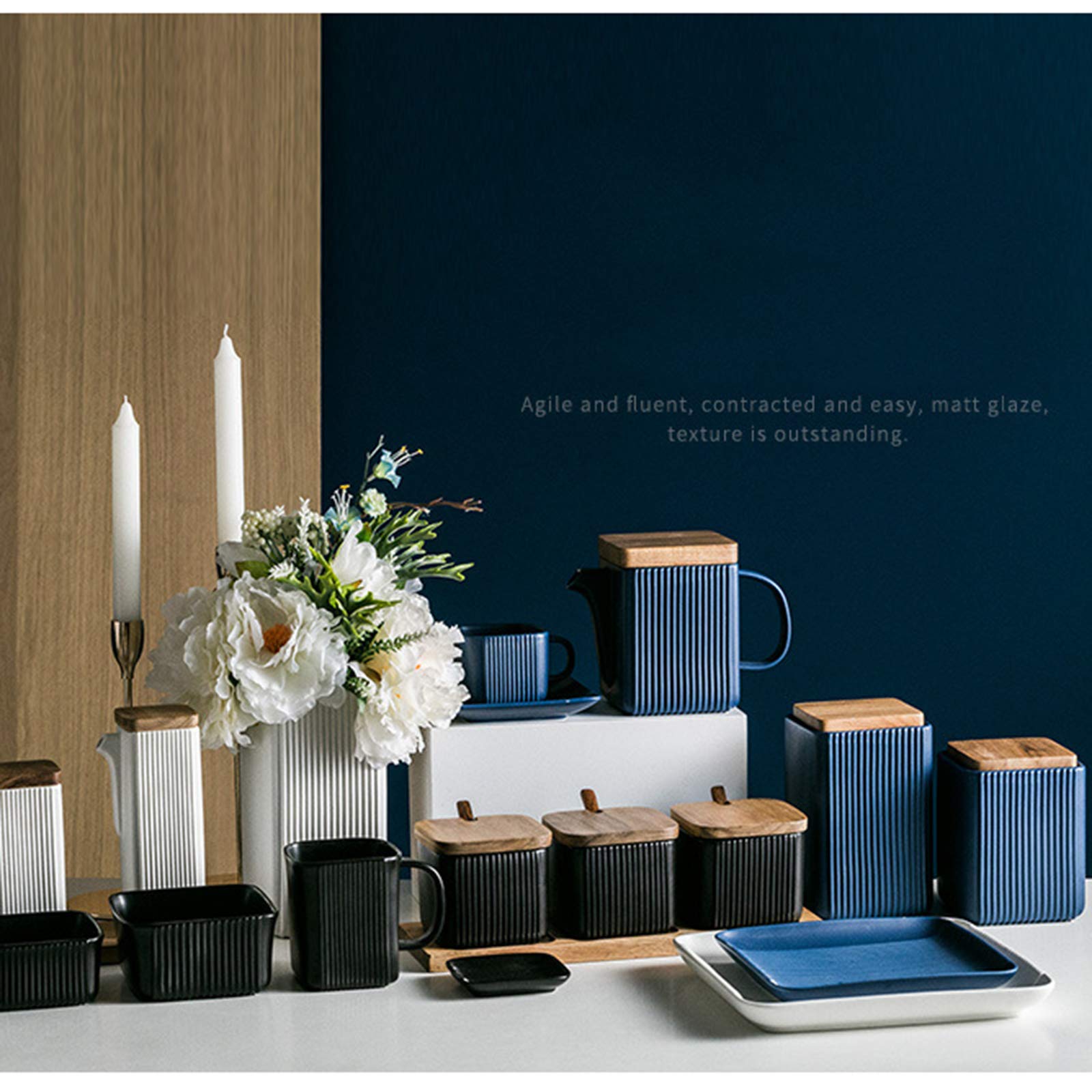 Bihoib Black Porcelain Sugar Bowl Condiment Pot Salt Container With Wooden Lid, Spoon And Tray, Modern Spice Box Seasoning Jar,