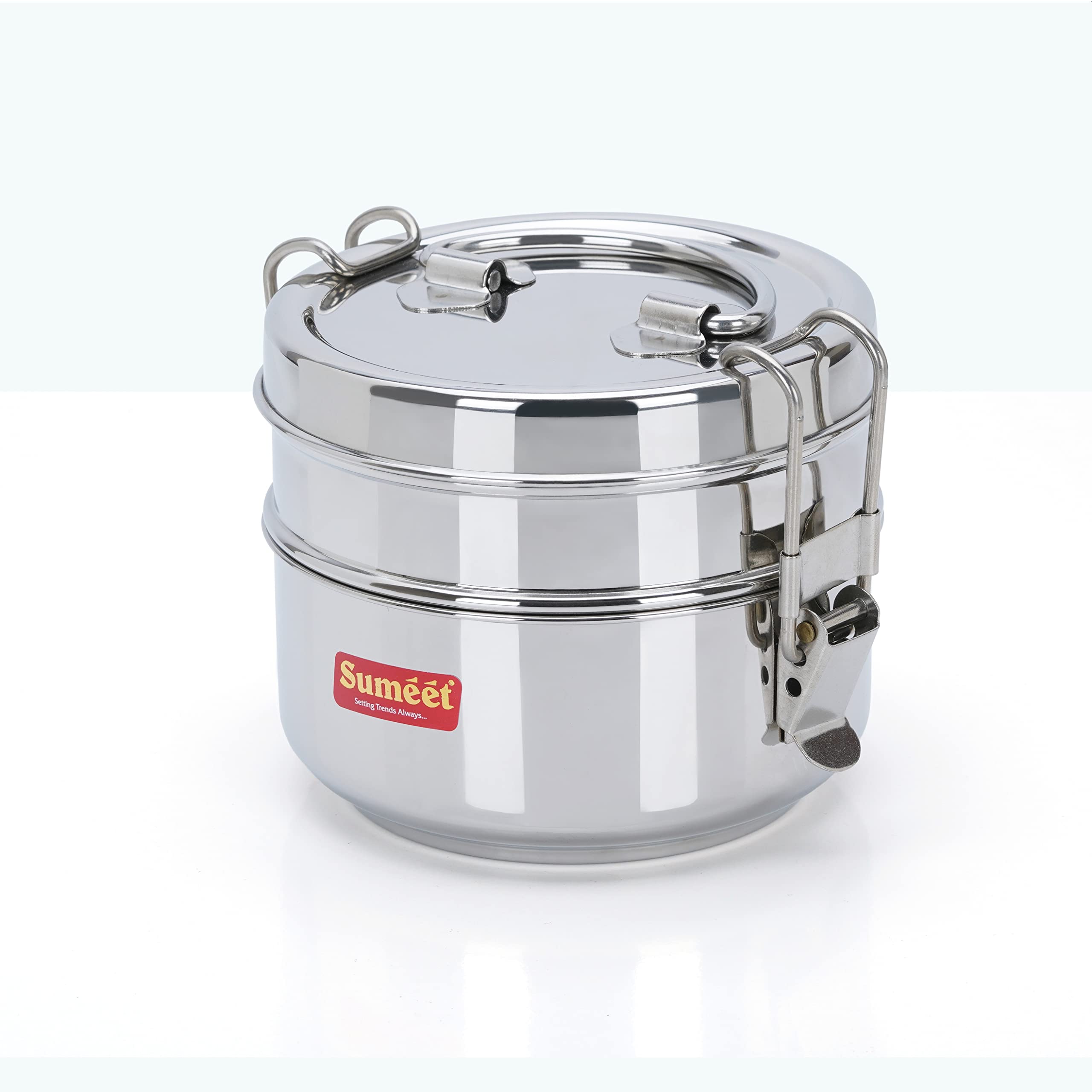 Sumeet Stainless Steel Small Size 2 Compartment Lunch Box/Tiffin With Lid And Handle, 10Cm Dia, (700Ml, Silver)