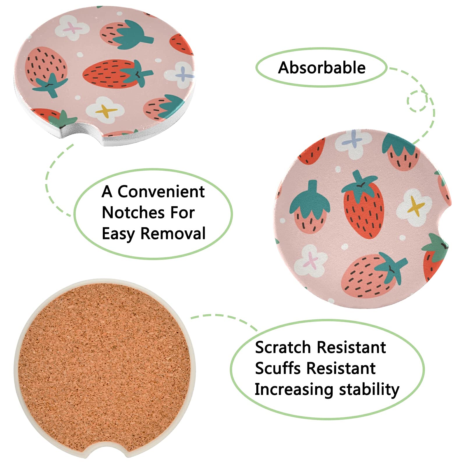Xigua Cute Strawberry Car Coasters 2 Pack Drinks Absorbent Ceramic Stone Car Coasters With Fingertip Grip Car Cup Holder Coaster