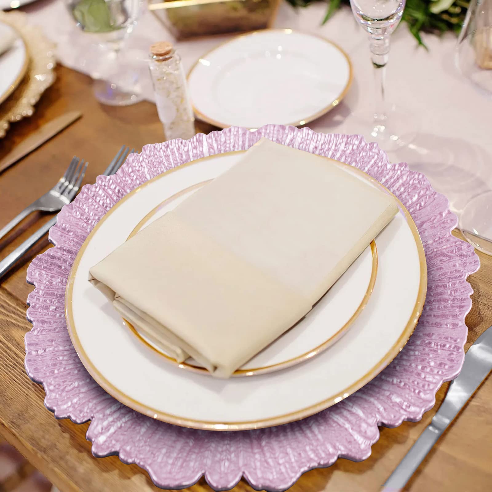 Maoname Round 13'' Reef Charger Plates, Plastic Plate Chargers For Dinner Plates, Wedding, Elegant Decoration (6, Pink)
