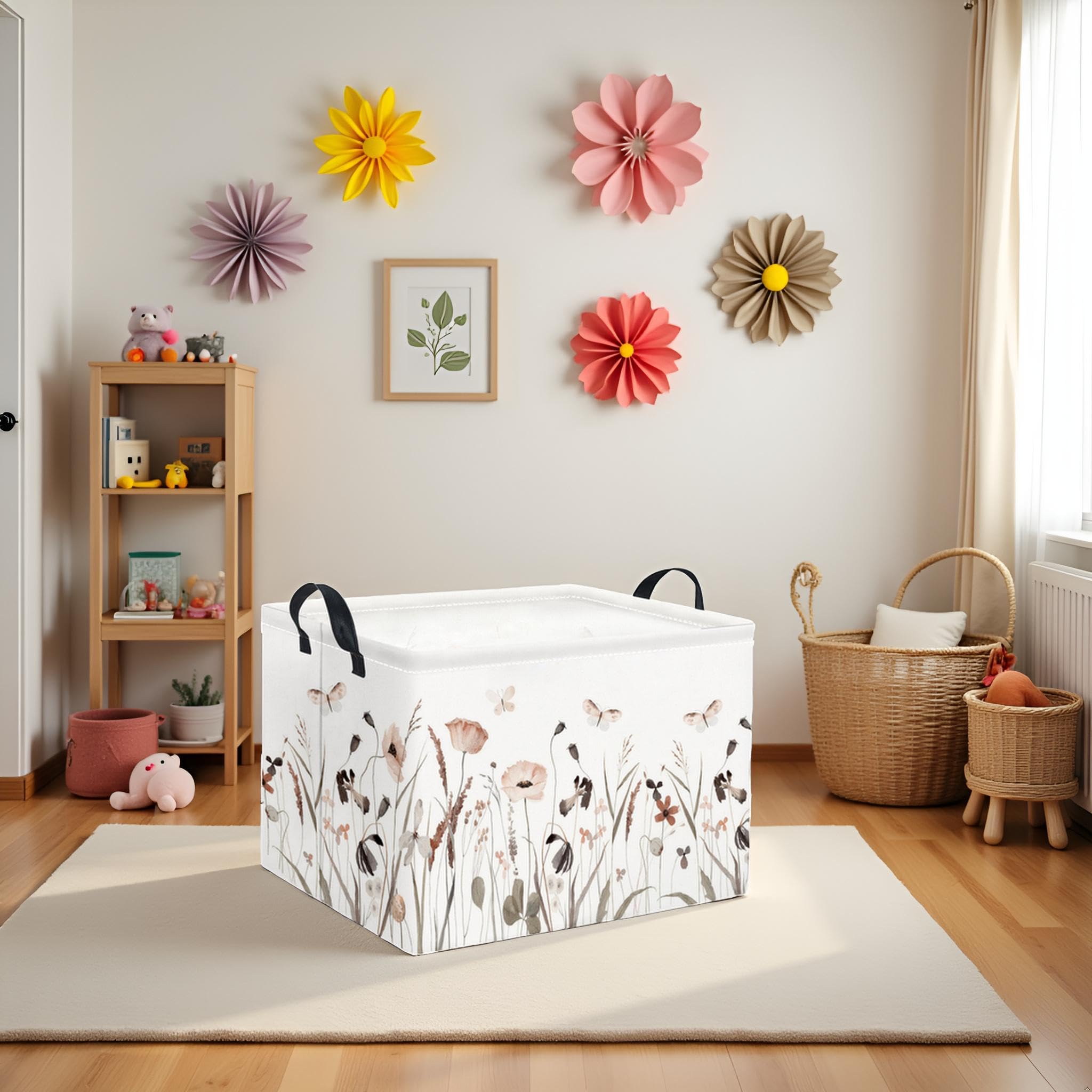 TIBAOLOVER Rectangular Kids Storage Bin Gift Basket Baby Organizer Shelf Book Basket Room Decor(Flower Butterfly)