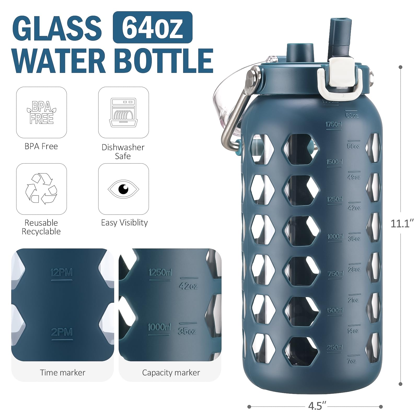 Mukoko 64Oz Glass Water Bottles With Straw And Lid,Half Gallon Water Bottle With Time Marker,Large Glass Water Jug With Silicone