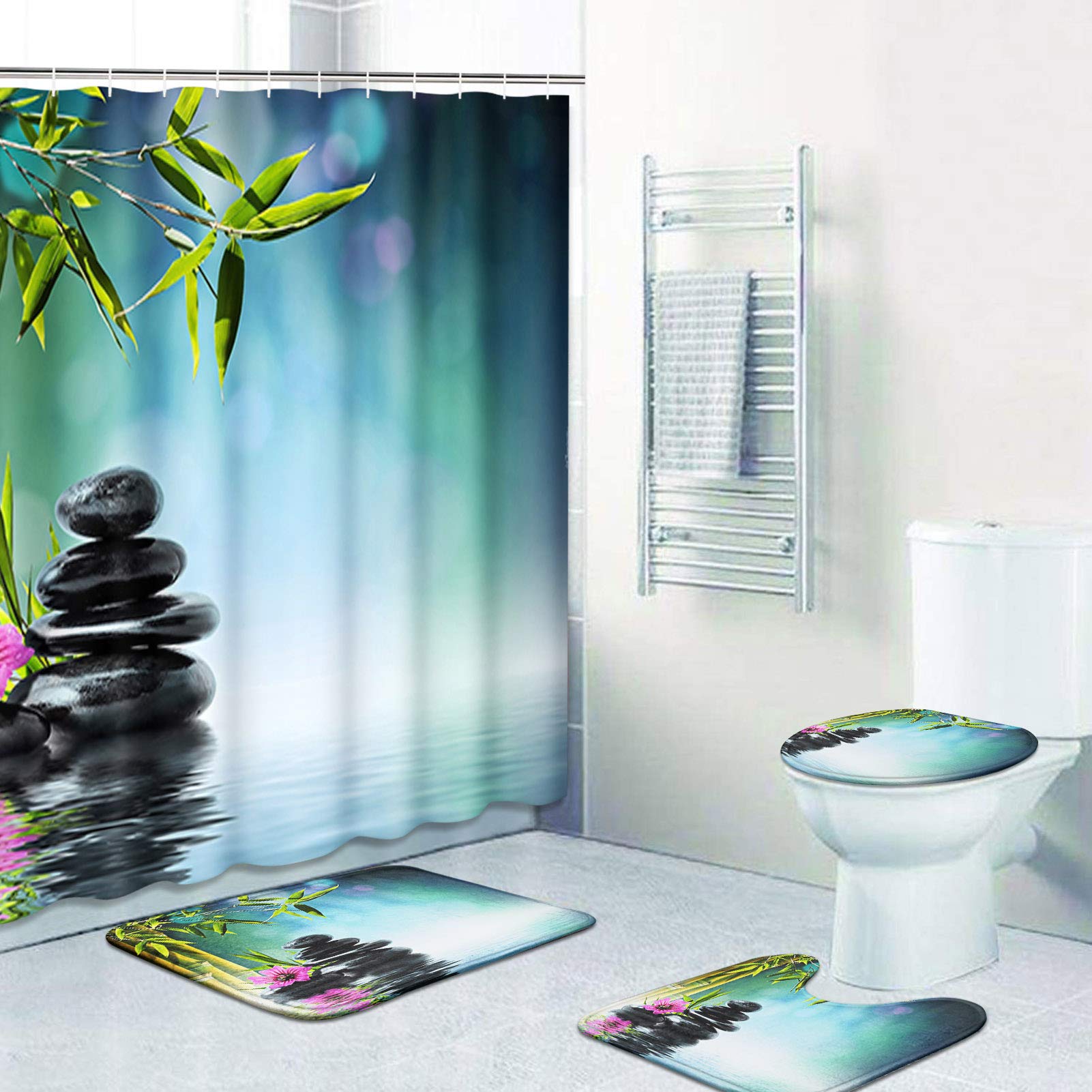 Artsocket 4 Pcs Shower Curtain Set Tower Black Stone Hibiscus Bamboo Water Beautiful Flora With Non-Slip Rugs Toilet Lid Cover A