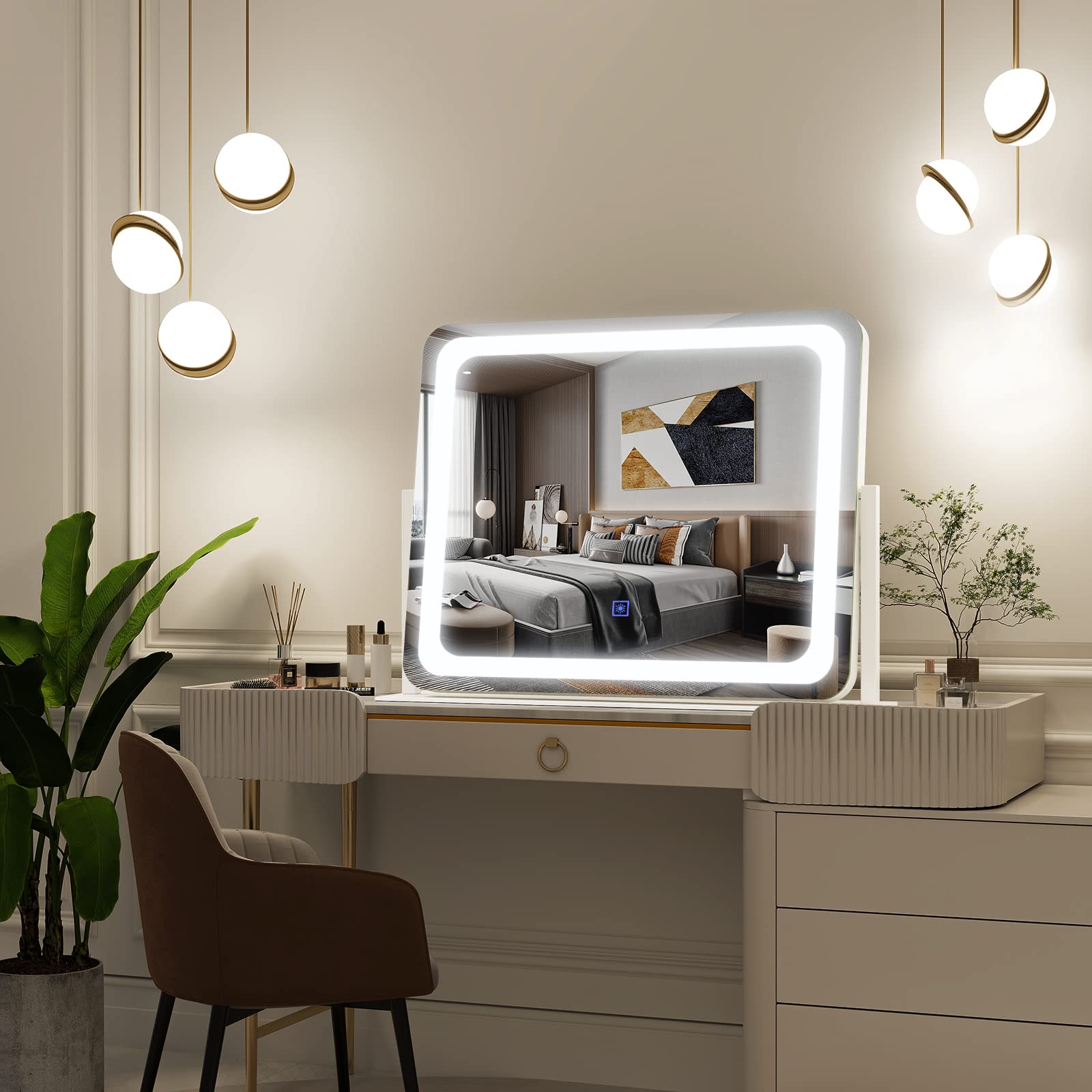 Fennio Vanity Mirror With Lights 22''X19'' Makeup Mirror With Lights,Vanity Mirror Touch Screen With 3-Color Lighting,Dimmable,F