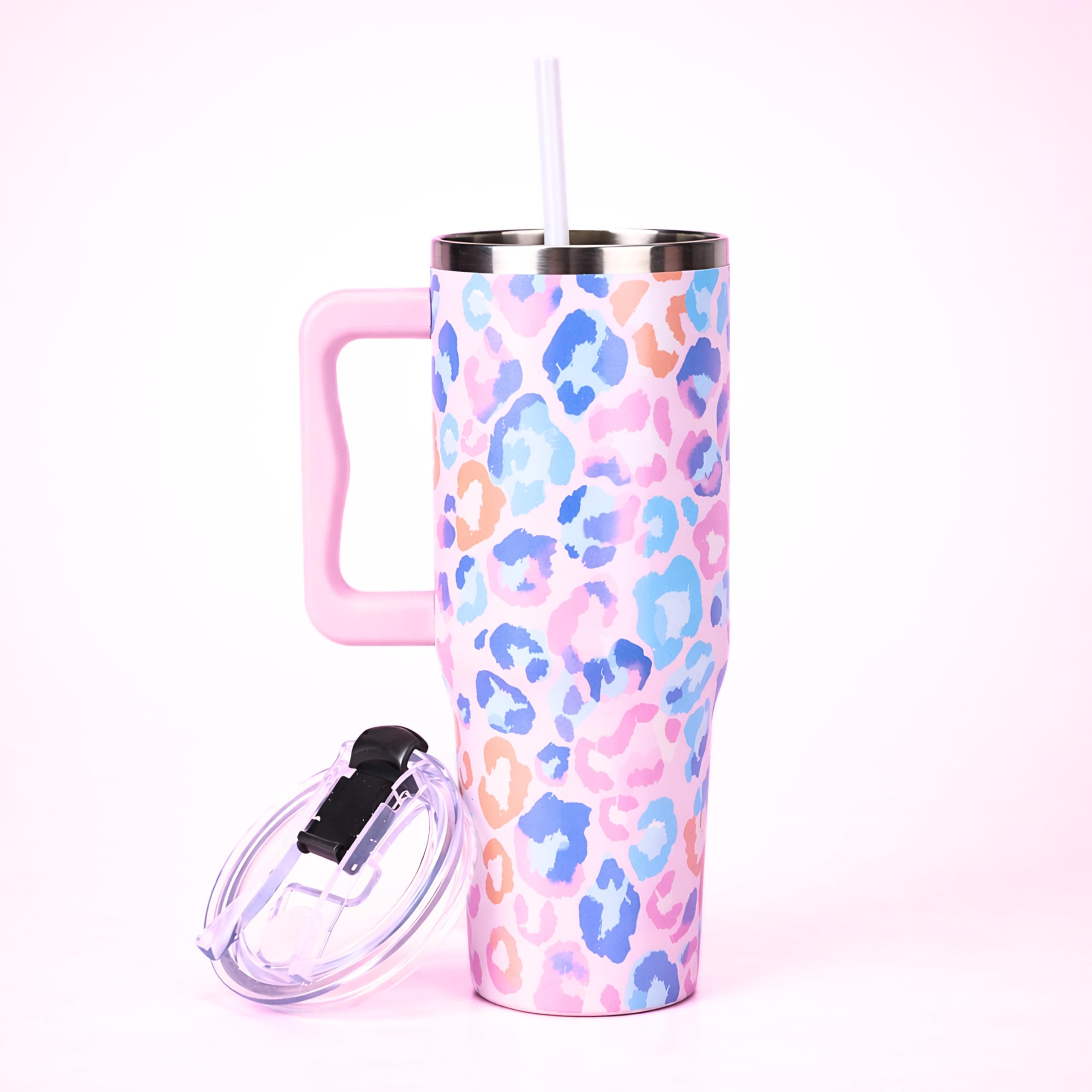 Leopard Tumbler, Leopard Water Bottle Stainless Steel, Insulated Coffee Tumbler 40 oz with Handle and Straw, Pink Blue Orange Cu