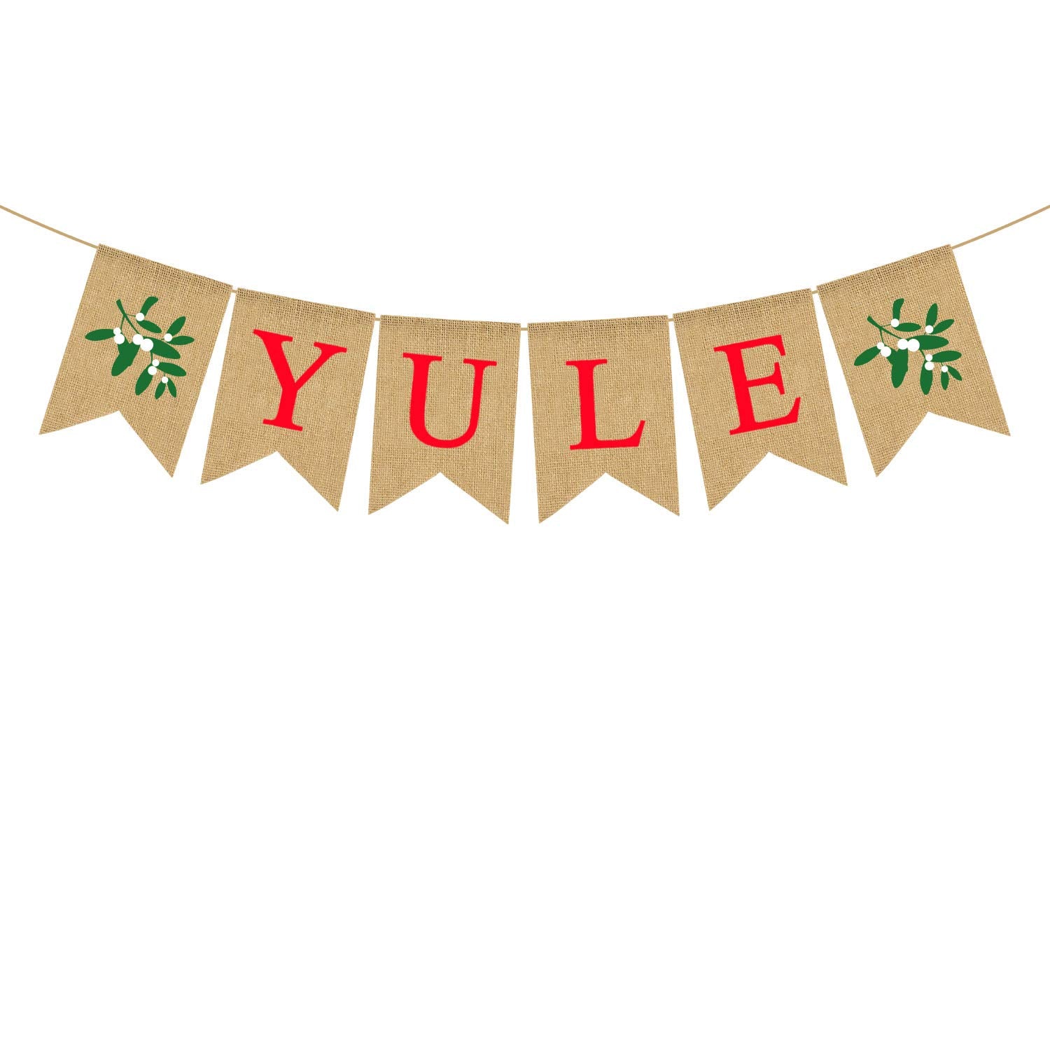 Burlap Yule Banner Pagan Christmas Mistletoe Rustic Winter Farmhouse Fireplace Mantle Decoration