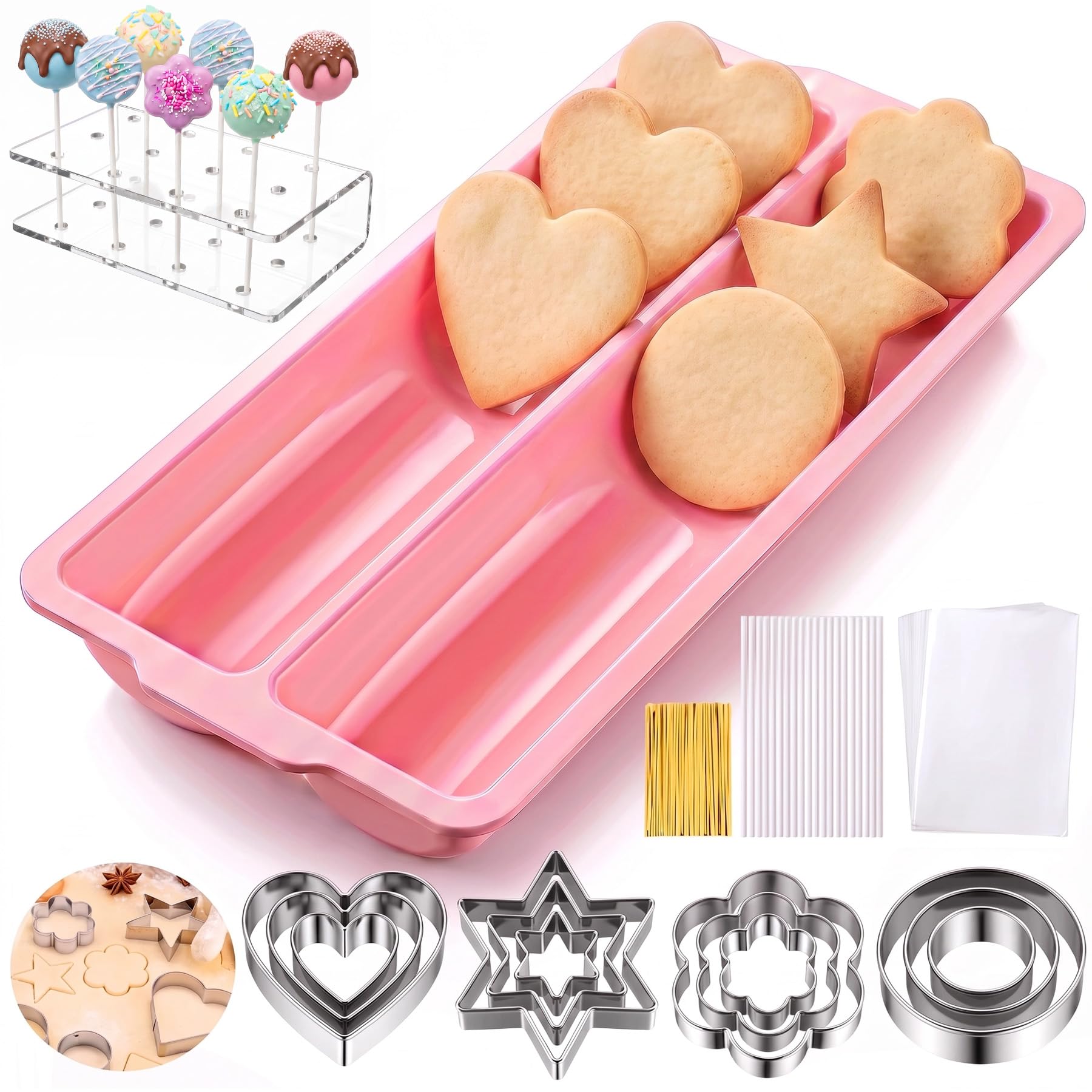 12 Pcs Cookie Cutters Set & 12 Holes Cake Pop Stand Kit, 3 Sizes Per Shape