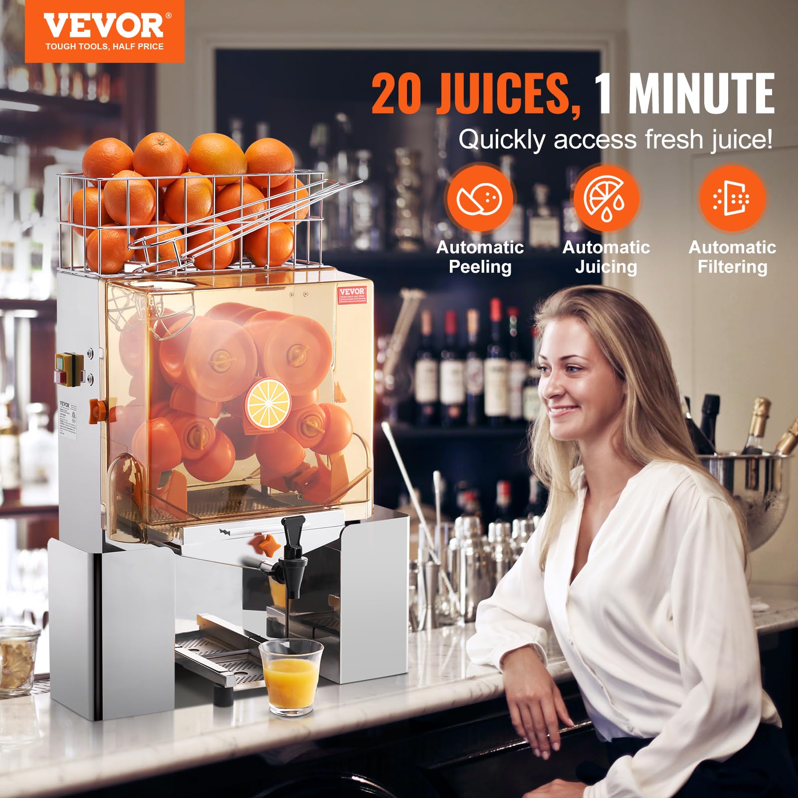 Vevor Commercial Orange Juicer Machine, 120W Automatic Juice Extractor With Water Tap, Stainless Steel Orange Squeezer 20 Orange