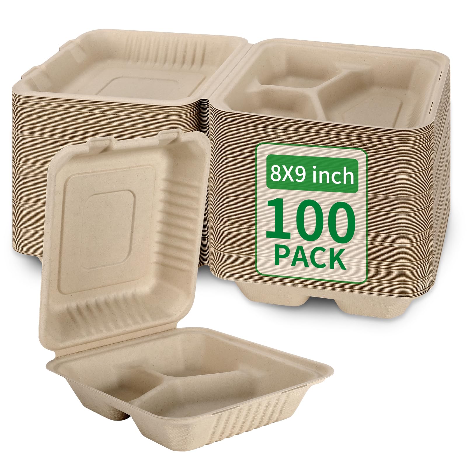 Aricsen 100 Pack 3 Compartment Compostable 8x9 Inch Takeout Lunch Box Containers with Lid To Go Take Out Clamshell for Food, Dis