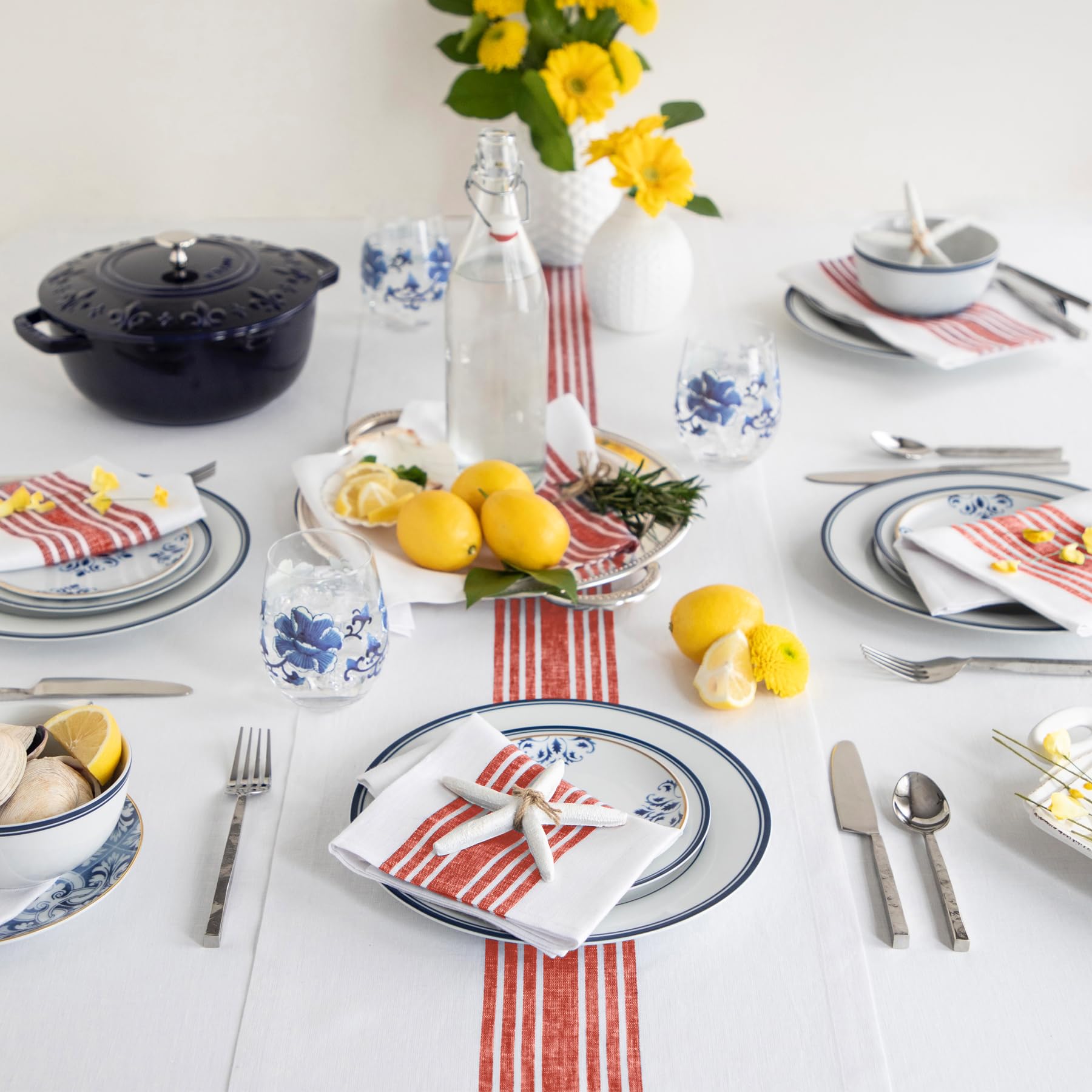 Solino Home Farmhouse Linen Red And White Table Runner 72 Inches Long - 100% Pure Linen Stripe Dining Table Runner 14 X 72 Inch