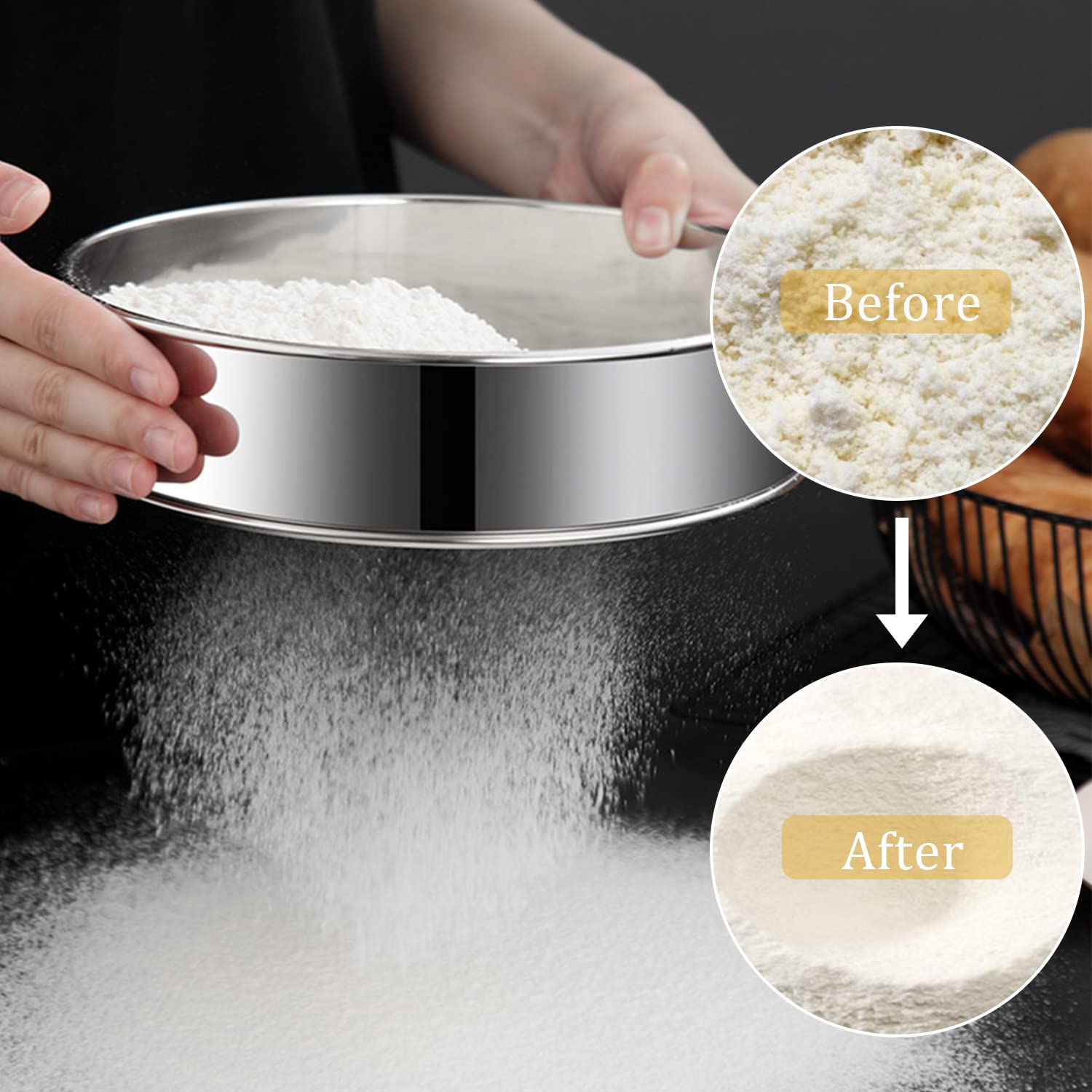 Mdakego 6 Pcs Stainless Steel Flour Sifte,Round Flour Sifter 40 Mesh,Premium Rustproof Flour Sieve Fine Mesh For Baking Cake Bre