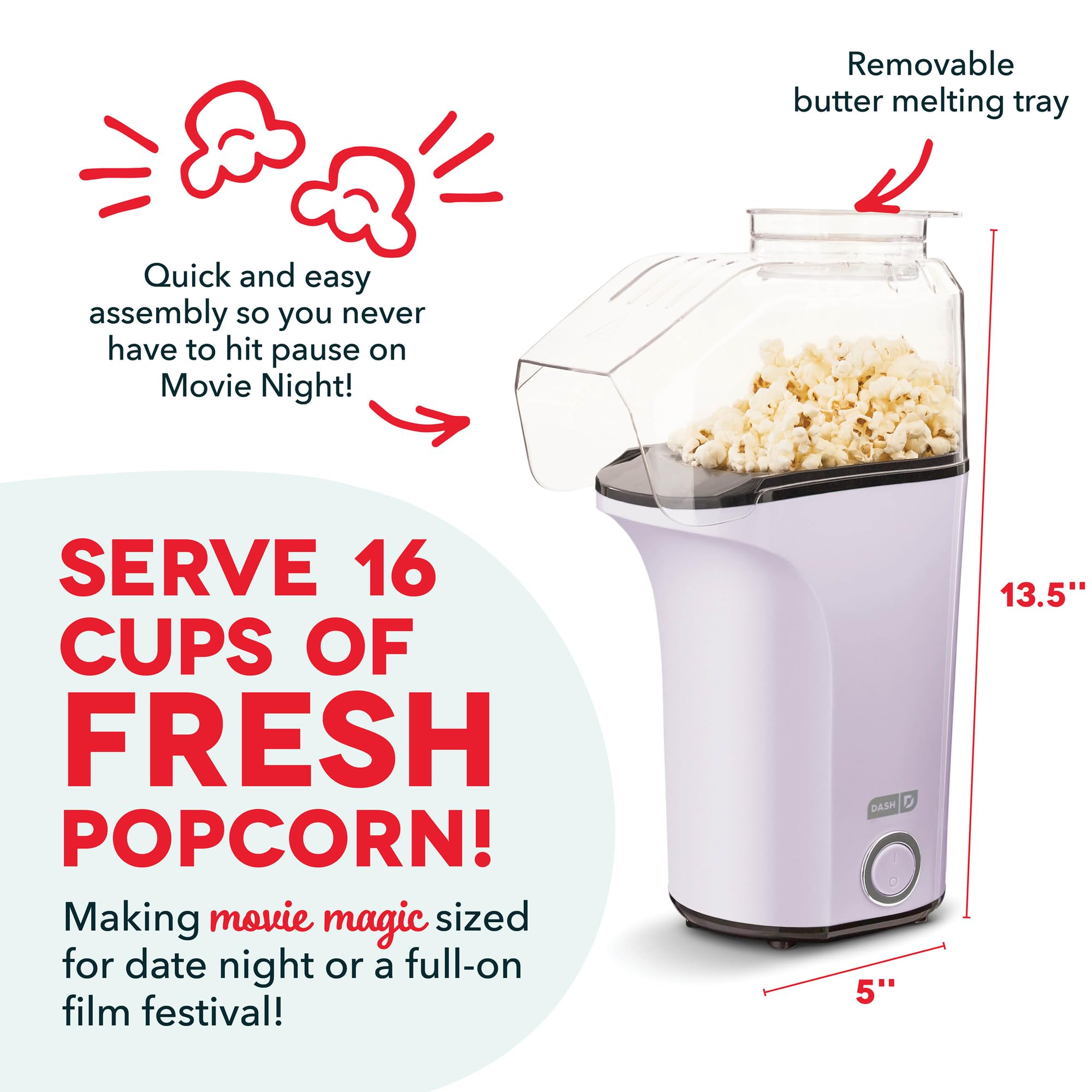 DASH Hot Air Popcorn Popper Maker with Measuring Cup to Portion Popping Corn Kernels + Melt Butter, 16 Cups - Lavender