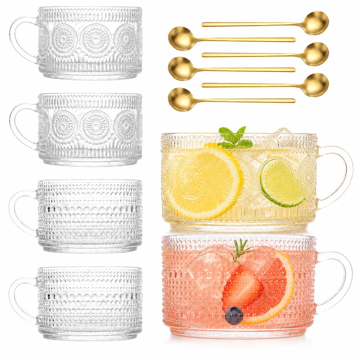 Vintage Coffee Mugs Set of 6, 14 oz Glass Tea Cups with Spoons, Mixed Set