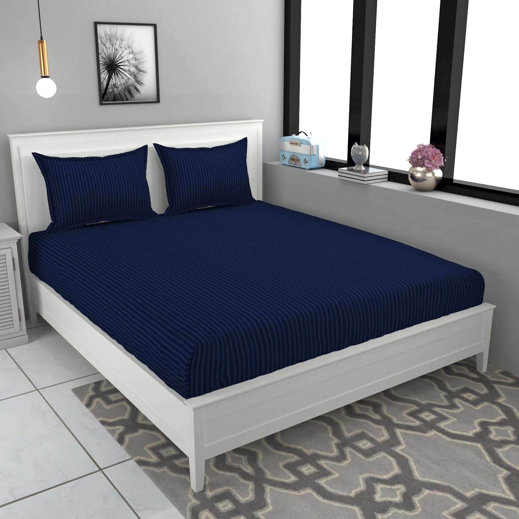 Vedartah Glace Cotton Elastic Fitted Bedsheet for Double Bed King Size (78x72)