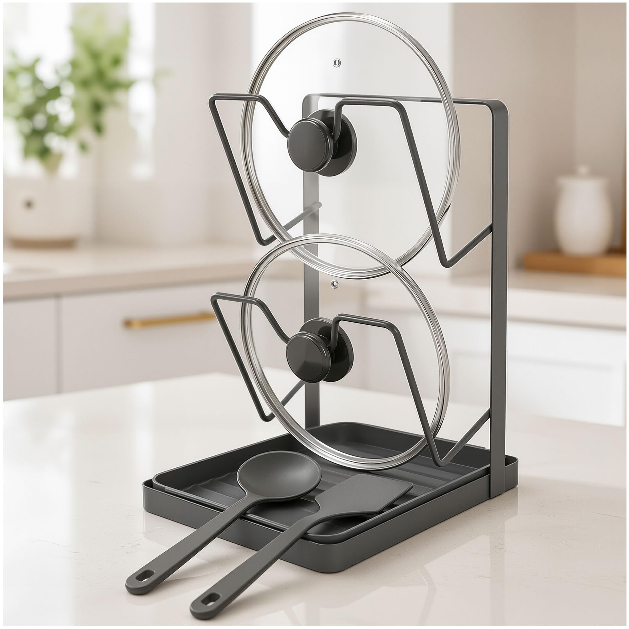 BZMLDXW Pot Lid Holder, 2Tier Countertop Rack with Grooved Drip Tray
