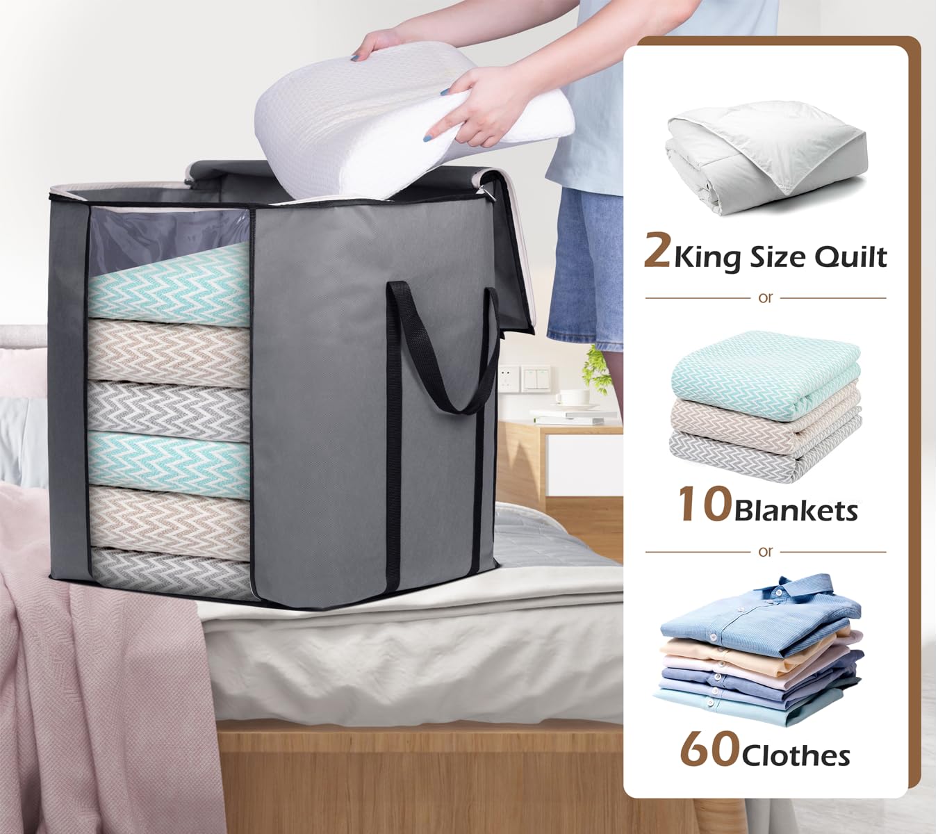 SLEEPING LAMB 120L Oversized Blanket Storage Bags Sturdy Fabric Clothes Storage Containers for King Comforter Bedding Pillow She