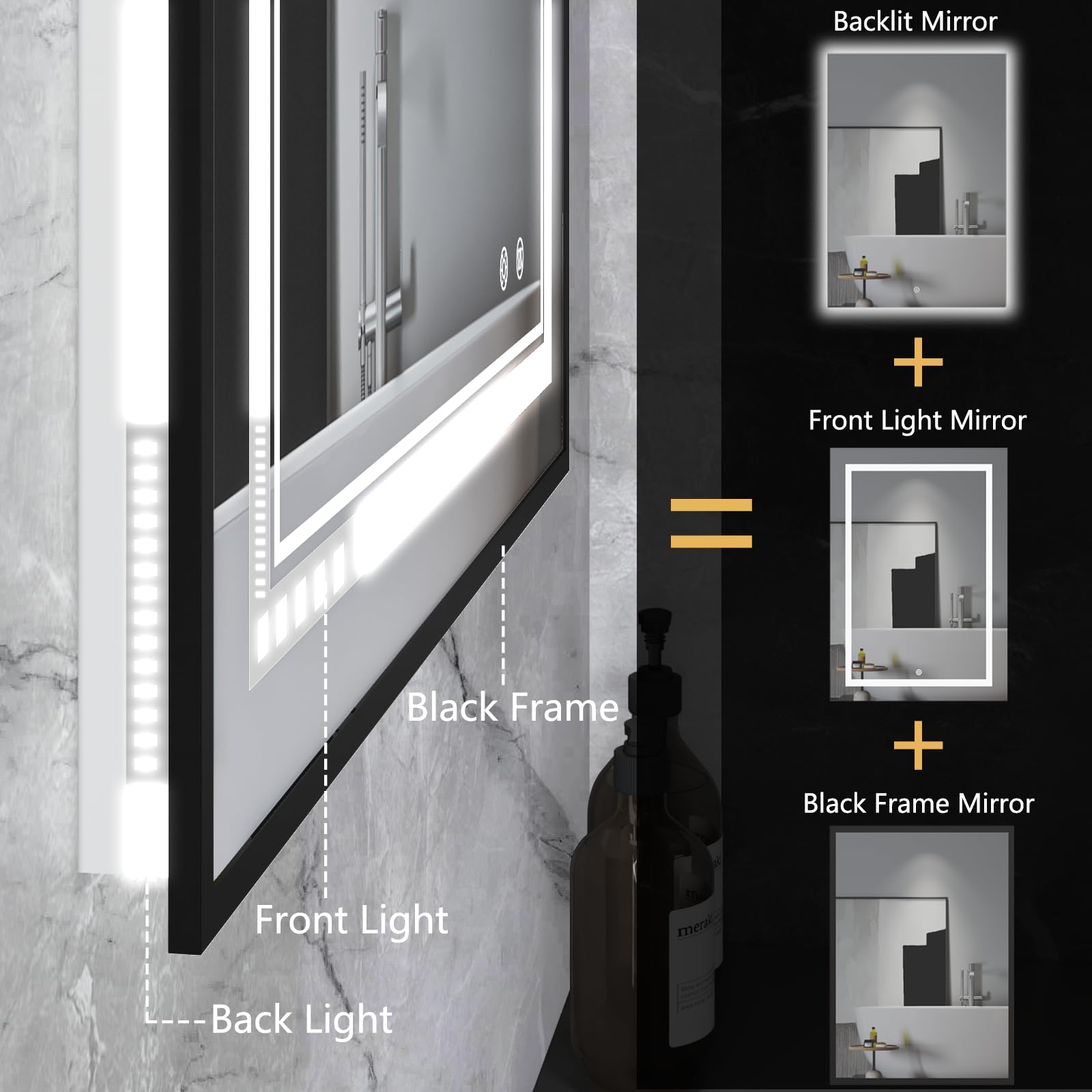 Oumusu Led Mirror For Bathroom 20''X28'',Black Led Bathroom Mirror With Front And Backlit,Dual Led Strips,Anti-Fog Bathroom Mirr