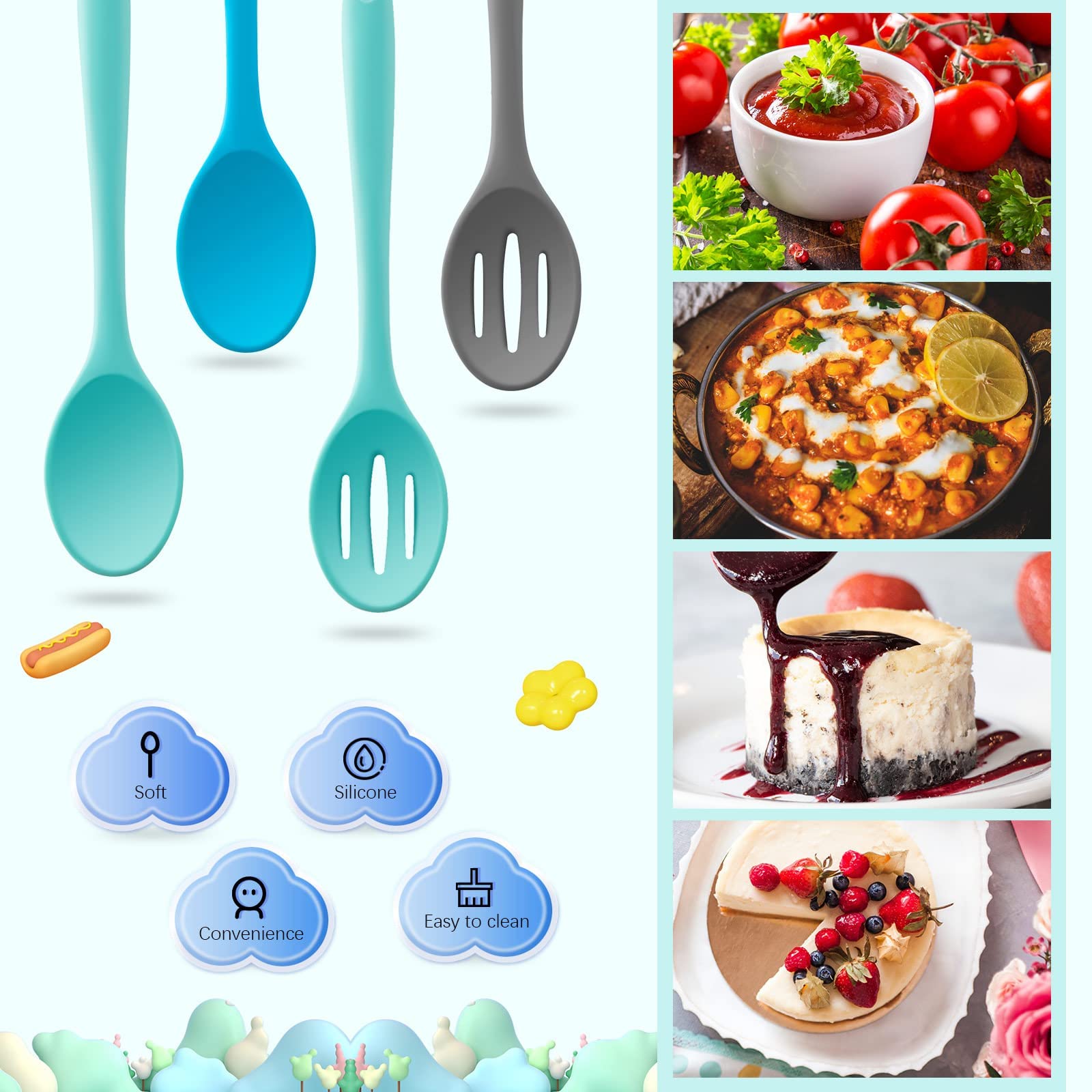 Dandat 4 Pieces Silicone Nonstick Mixing Spoons Heat Resistant Utensil Basting Serving Spoon Cooking Baking For Stirring Kitchen