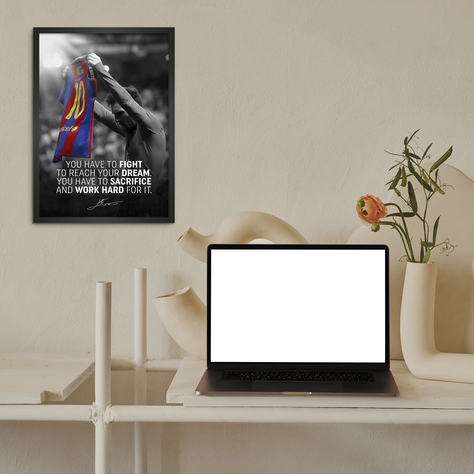 LAMRON Lionel messi Barcelona Wall Decoration Art Framed Poster, 12 Inch x 18 Inch, Glass with 0.5 Inch Black Wooden Frame