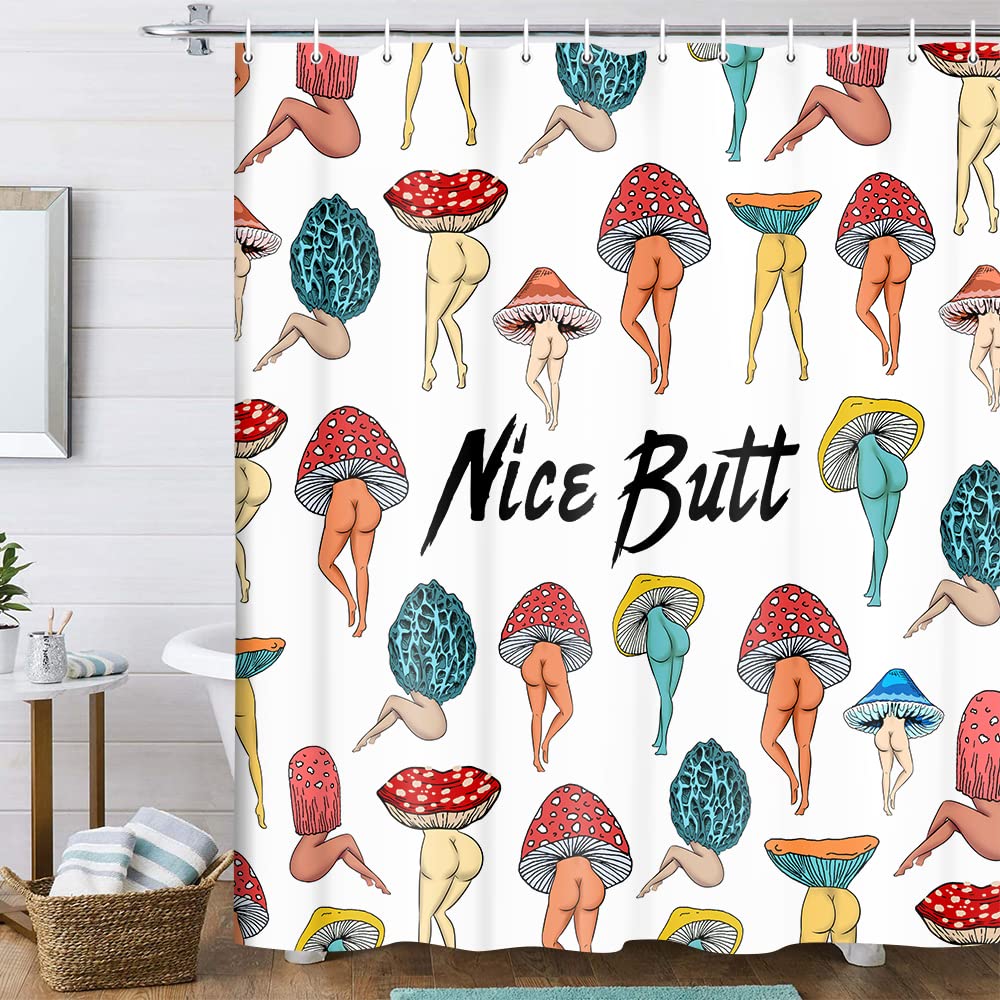 Funny Mushroom Butt Shower Curtain, Fun Cute Sexy Butt 70S 80S Fabric Funky Shower Curtains For Bathroom Hippie Psychedelic Aest