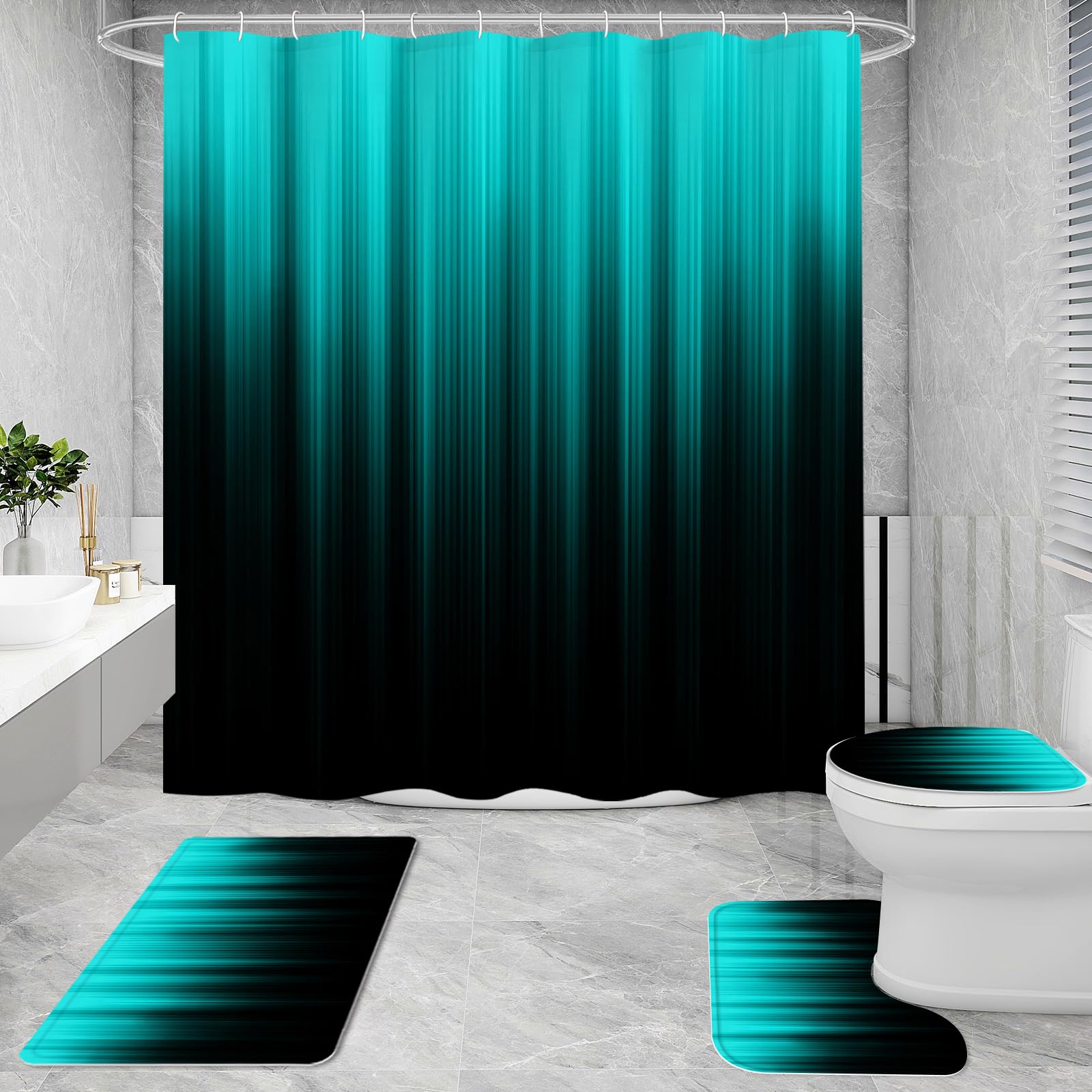 Litabel 4 Pcs Teal And Black Gradient Shower Curtain Set With Rugs And Toilet Lid Cover, Modern Simple Waterproof Fabric Bathroo