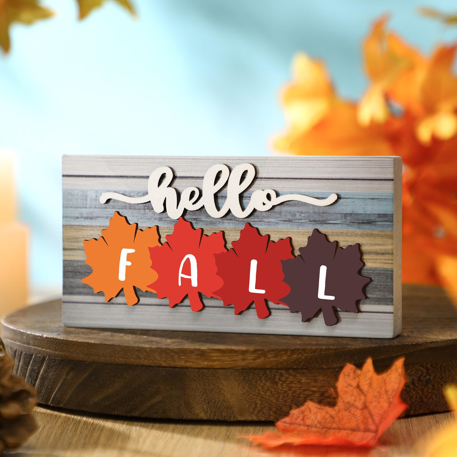 Roowest 5 Pcs Hello Fall Sign Interchangeable Seasonal Sign Spring Summer Winter Tiered Tray Decor 5.9 x 3 Inch Wooden 4 Seasons
