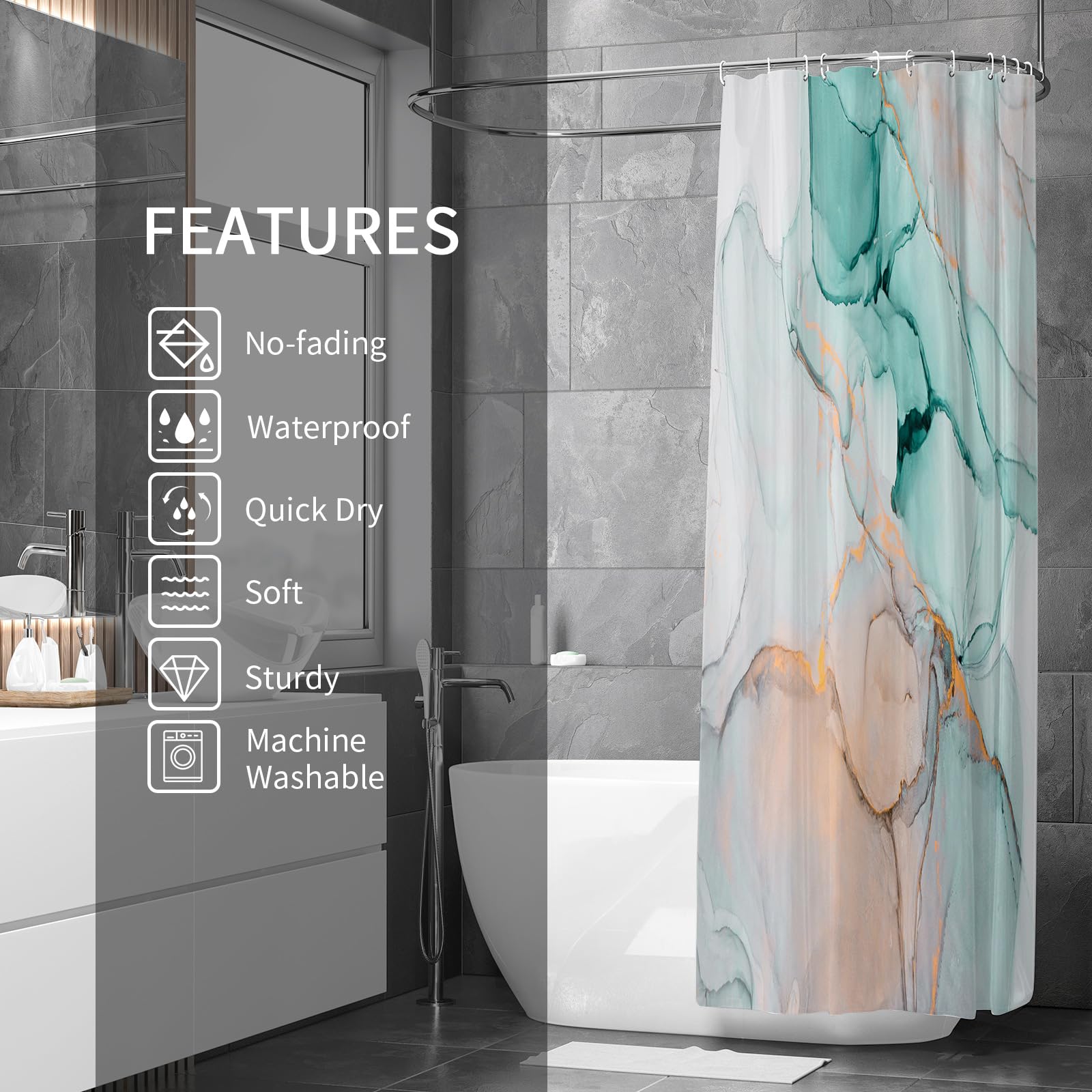 Gibelle Abstract Marble Shower Curtain, Teal Grey Fabric Shower Curtain For Bathroom, Modern Ink Art Decor Waterproof Shower Cur