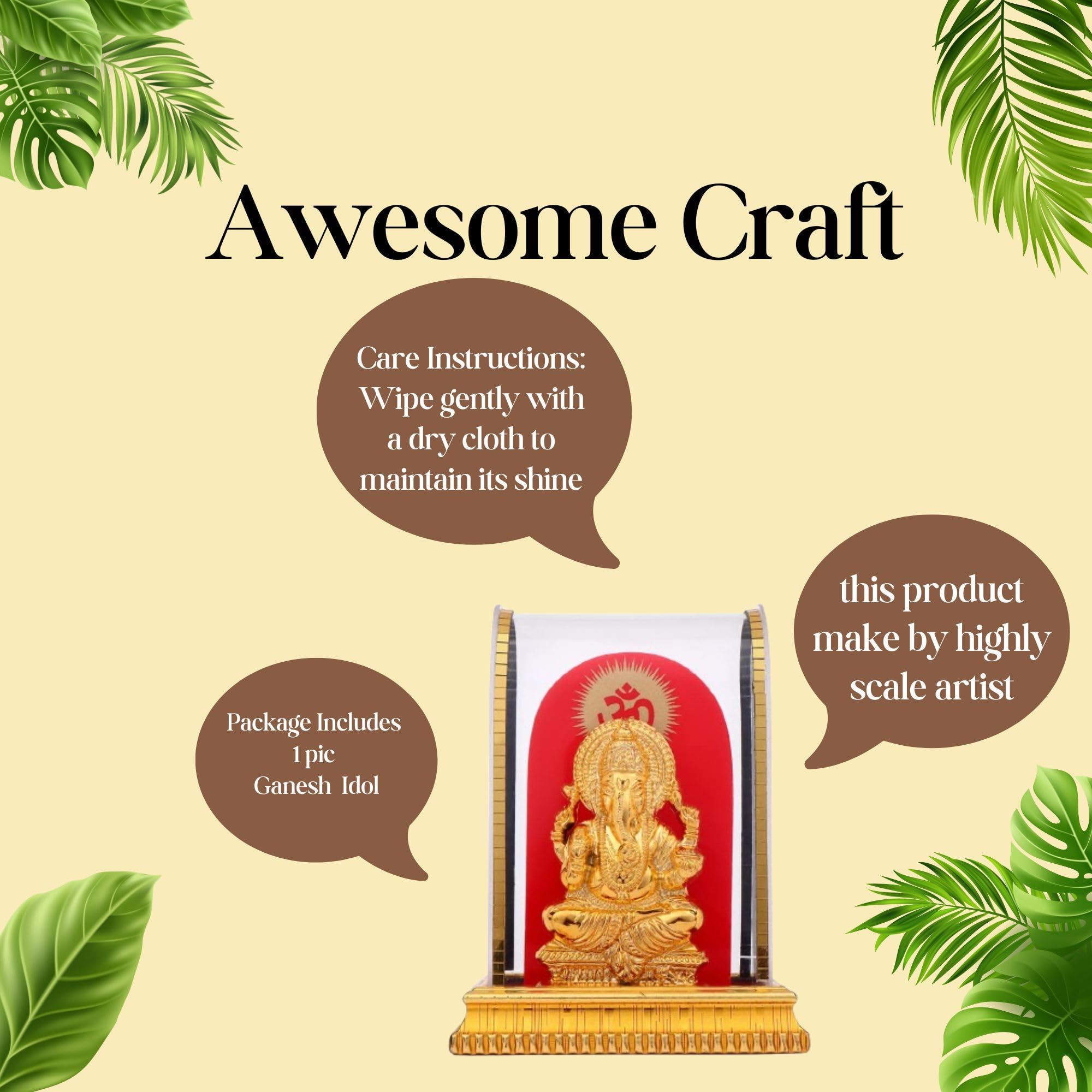 Awesome Craft Lord Ganesh Idol In Acrylic Glass Box For And Figurine Showpiece Decorative Showpiece - 12.5 Cm, Gold, Religious