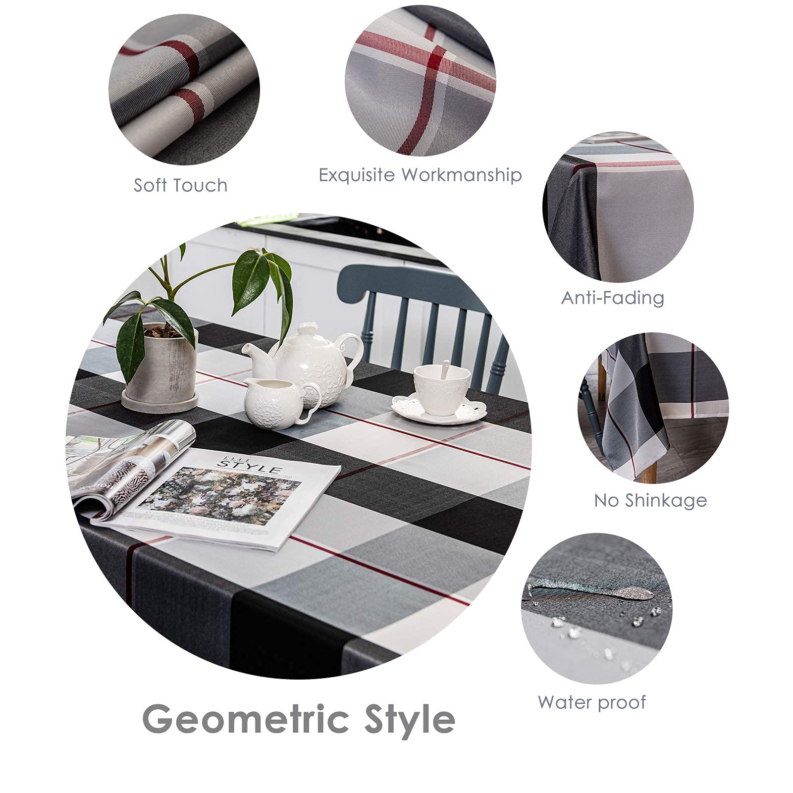 Melodieux Rectangle Plaid Check Tablecloth Spill Proof Water Wrinkle Resistant Table Cover Cotton Linen Textured Holiday Tabletop Decoration Kitchen Dining Room  60'' x 120''  Black