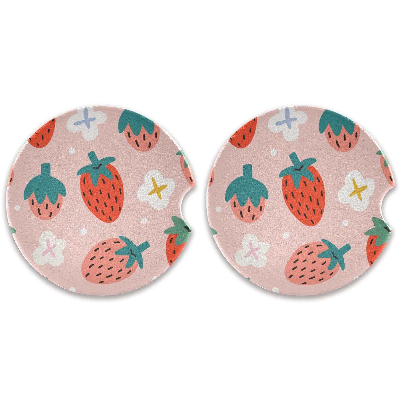 Xigua Cute Strawberry Car Coasters 2 Pack Drinks Absorbent Ceramic Stone Car Coasters With Fingertip Grip Car Cup Holder Coaster
