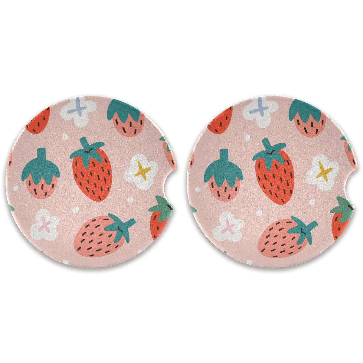 Xigua Cute Strawberry Car Coasters 2 Pack Drinks Absorbent Ceramic Stone Car Coasters With Fingertip Grip Car Cup Holder Coaster