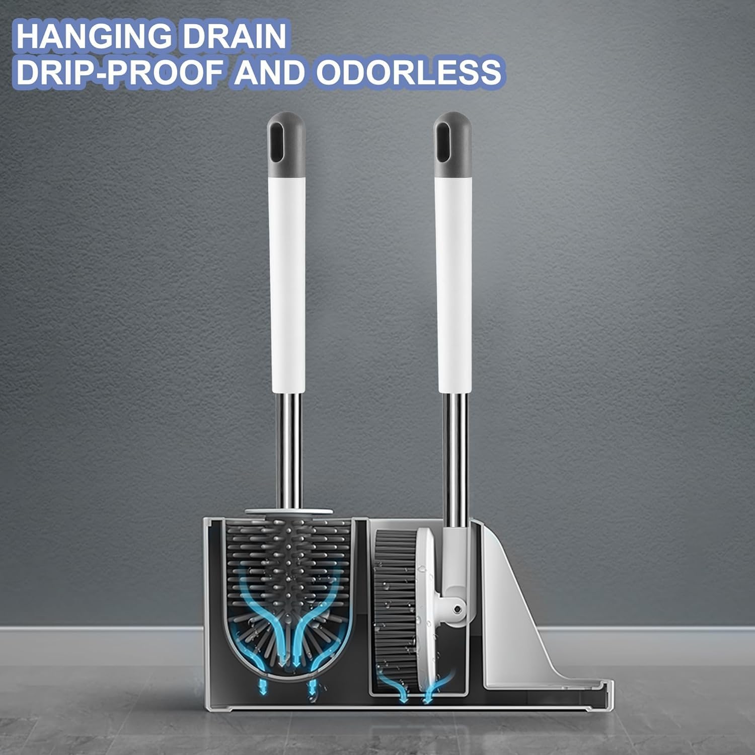 Noridy Silicone Toilet Brush With Holder Set - Free Stand Sleek Cleaner With Ventilated Drying Stand And Adhesive Wall Mounted C