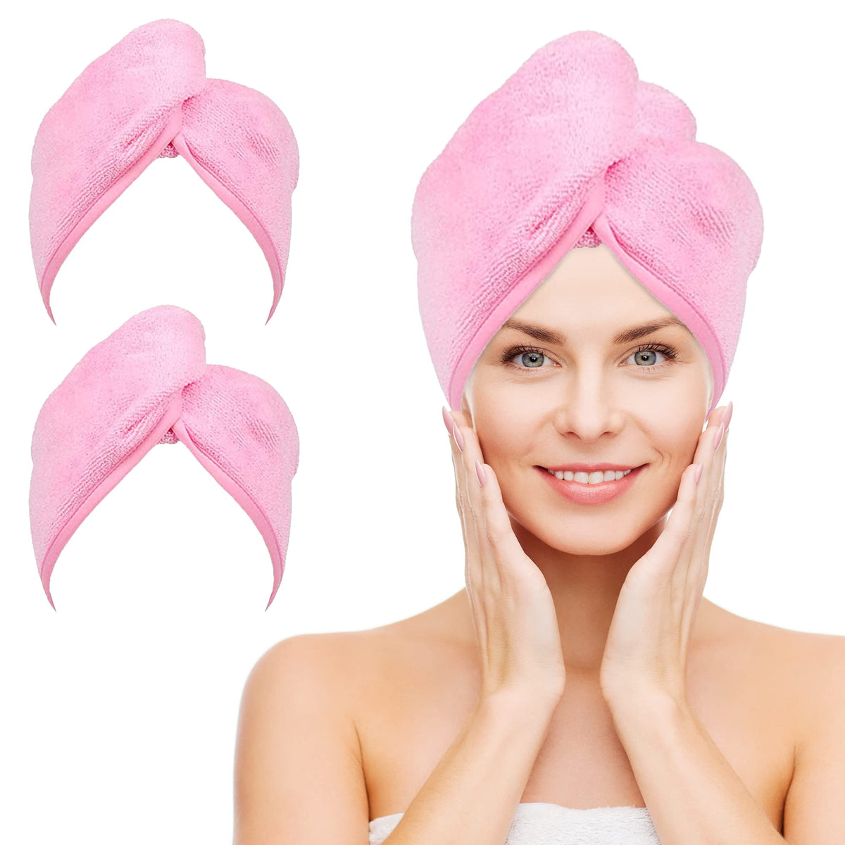 NEXCOVER Hair Towel Microfiber, 2 Pack Pink 9.8 inch X 25.5 inch Hair Wrap,Ultra Absorbent Hair Turbans,Fast Drying Head Towels