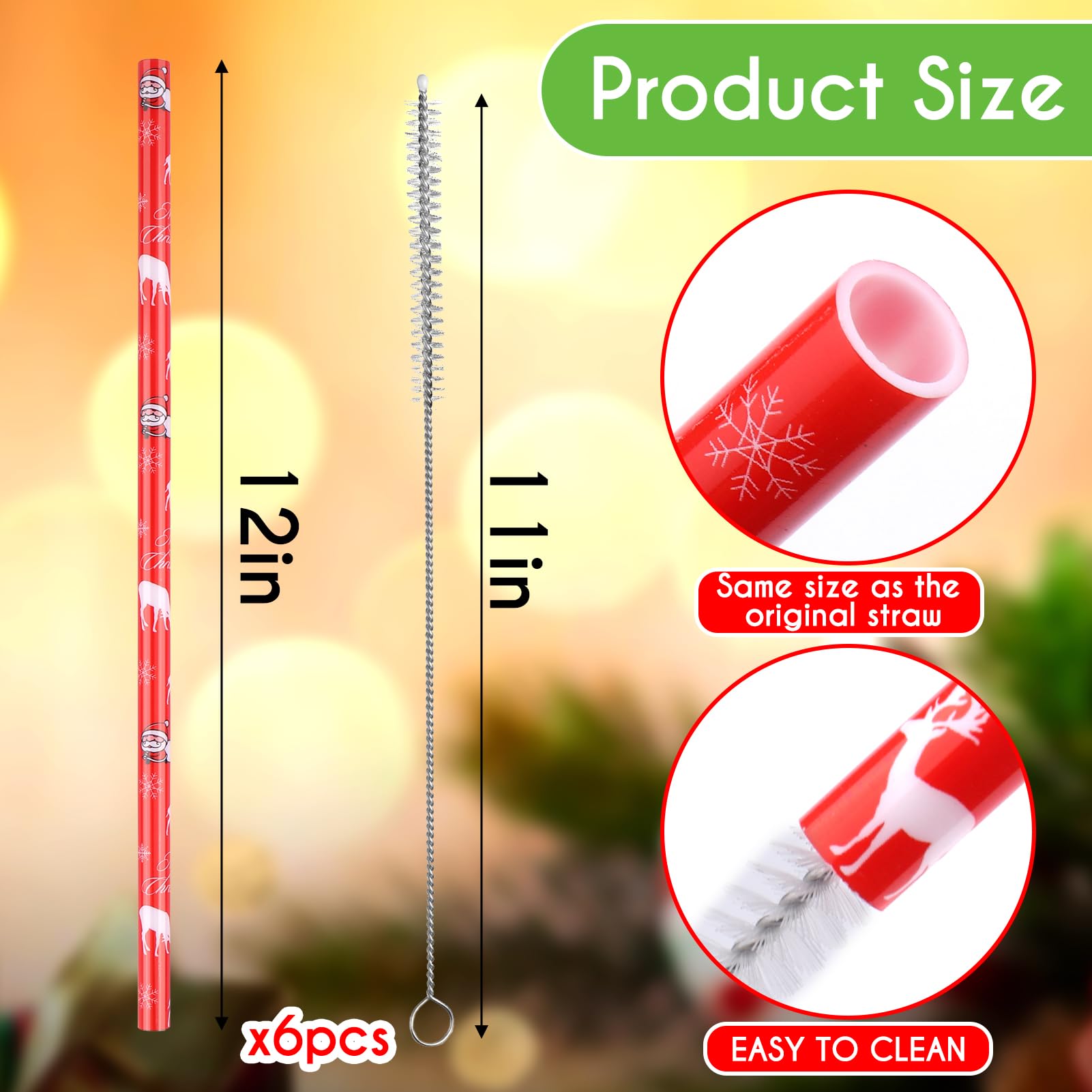 Aiersa 6 Pack Christmas Straw Replacement For Stanley 30&40Oz,Plastic Reusable Straw For Stanley Tumbler,Long Straws With Cleani