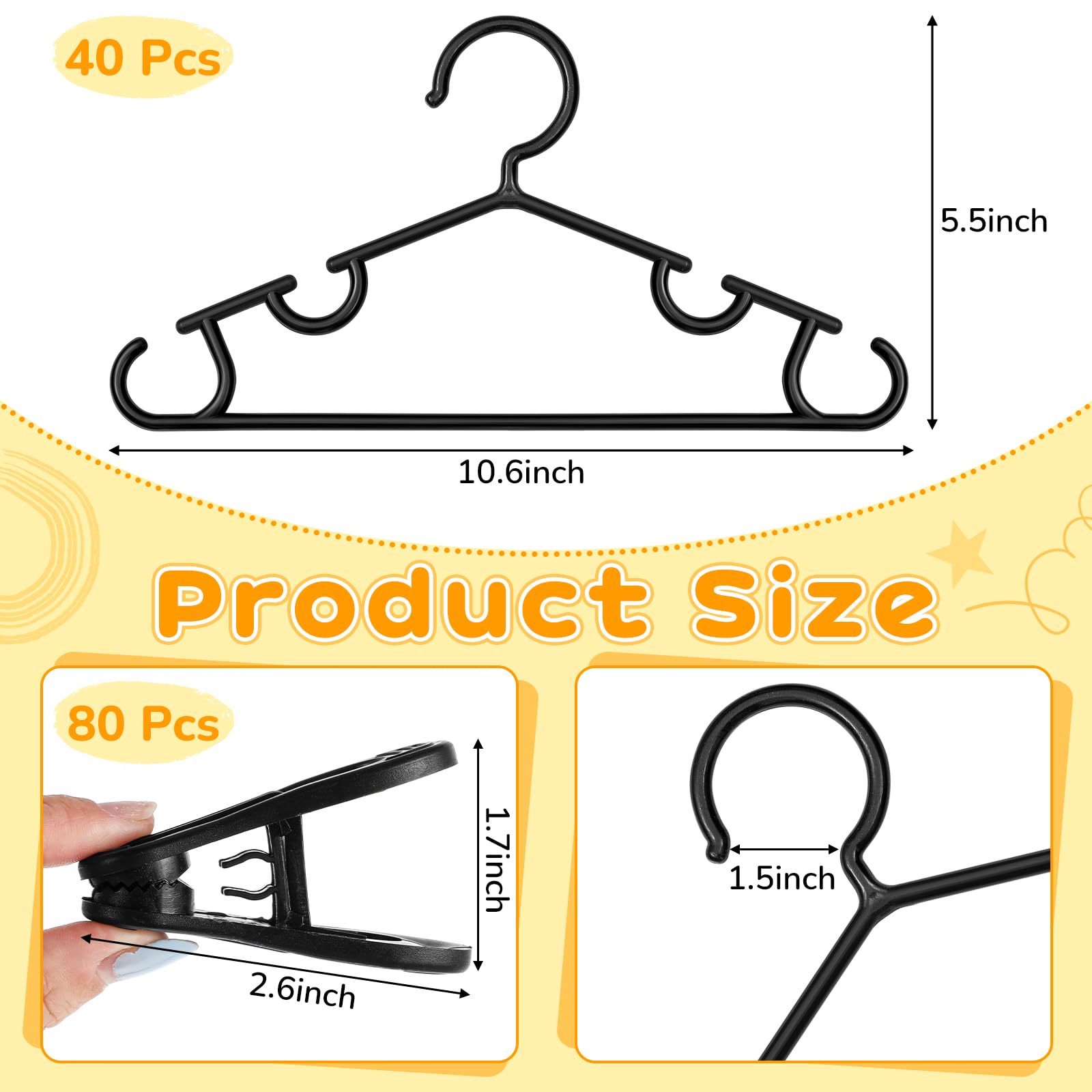 Hsei 120 Packs Baby Hangers With Clips Toddler Hangers Kids Hangers With Clips For Pants Closet Coat Skirts Socks (Black)
