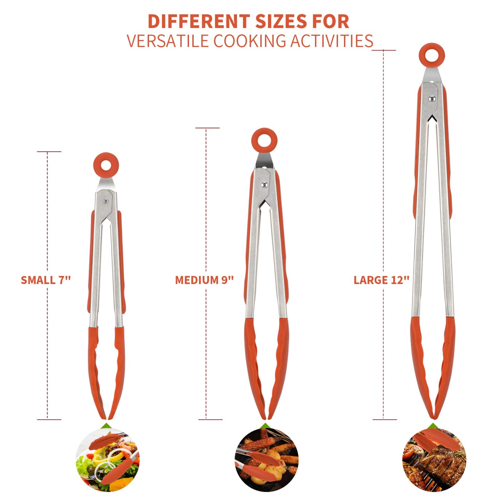 Kitchen Tongs, U-Taste 7/9/12 Inches Cooking Tongs, With 600F High Heat-Resistant Non-Stick Silicone Tips, 18/8 Stainless Steel