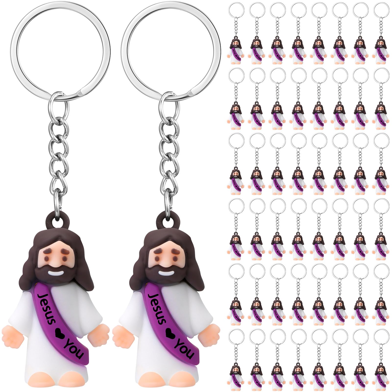 Sumind 48 Pcs Jesus Toys Figurine Christian Keychain Religious Keychain Bulk Classic Christian Rings for Christ(Purple,White Jes
