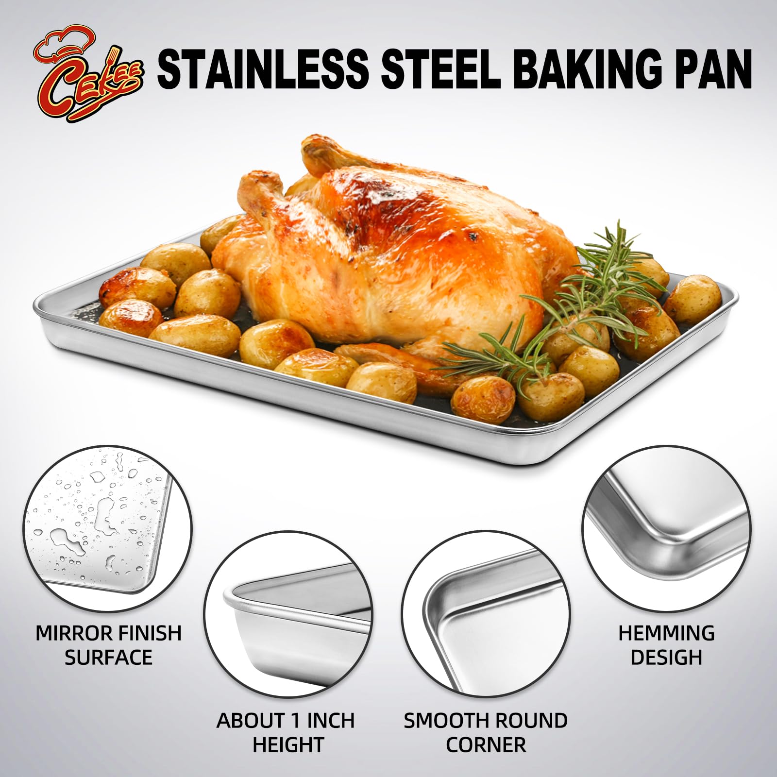 Half Sheet Pan Of 2, Cekee Stainless Steel Baking Sheet Pan Tray Cookie Sheet, Size 18 X 13 X 1 Inch, Healthy & Non Toxic, Rust