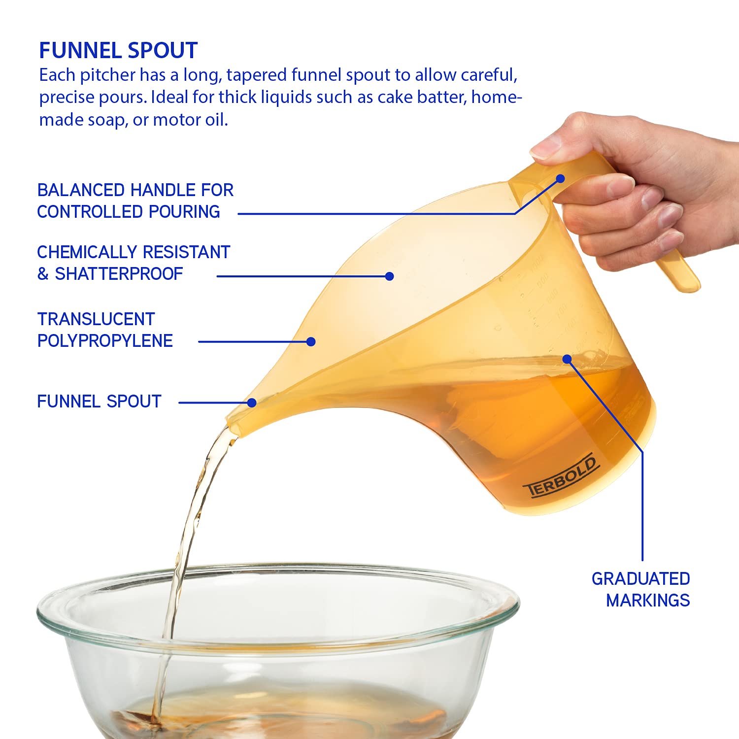 Terbold Funnel Pitcher With Spout 2Pc Set | 1 Liter Plastic Measuring Pitchers For Cake, Pancake Dispenser, Soap Pouring Or Oil