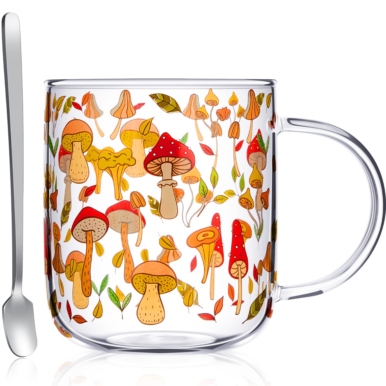 CHENGU Mushroom Mug with Handle, 15 oz Clear Mushroom Glass Cup Gift Cup with Stainless Steel Spoon for Coffee Tea Milk Stuff De