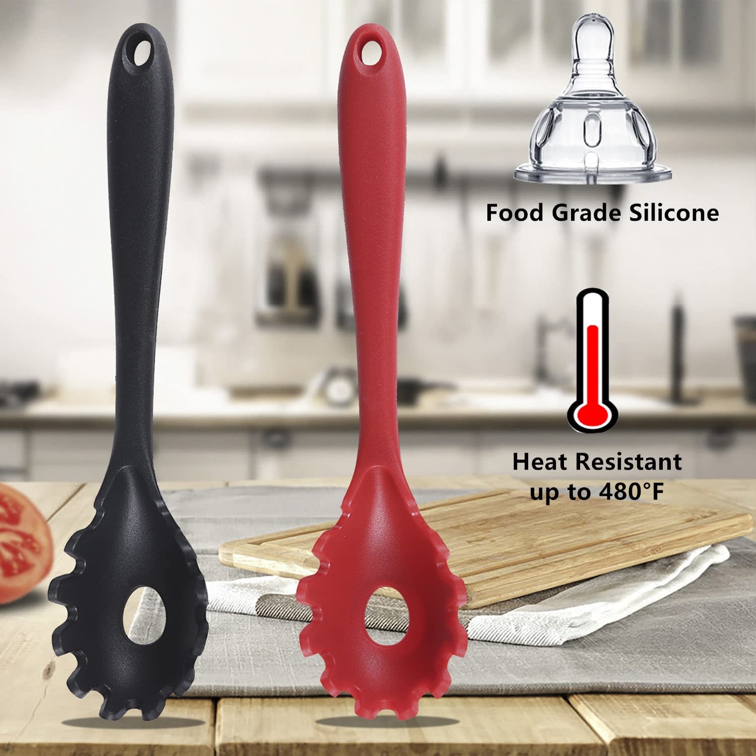 Jxjyzln Spaghetti Spoon Pasta Fork,Silicone Pasta Fork,11.2 Inch Spaghetti Strainer Kitchen High Heat Resistant Noodle Spoon Ser