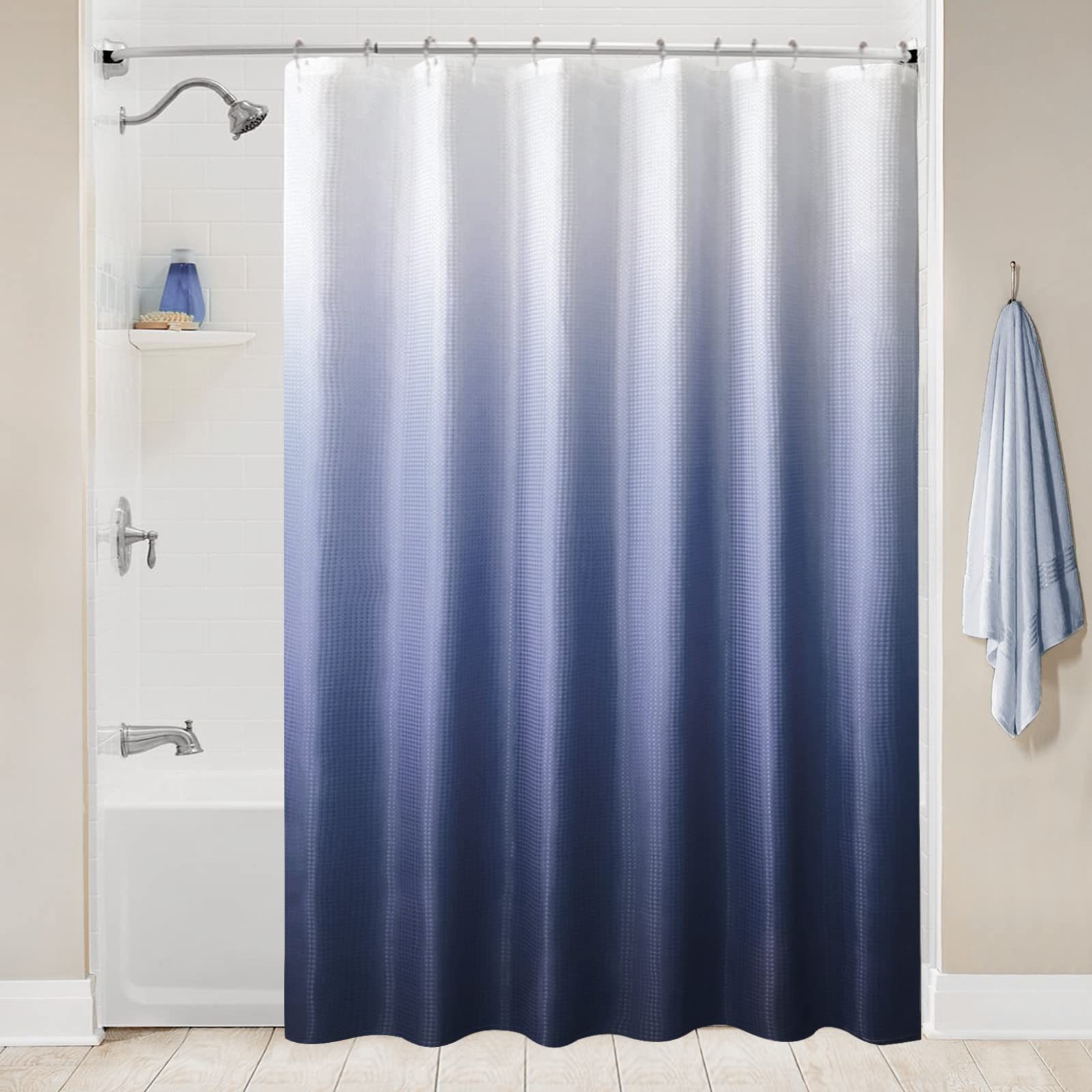 BBiggood Navy Blue Shower Curtain  Waffle Weave Ombre Shower Curtain Set with Hook of Bathroom  Modern Gradient Fabric Bathroom Curtains Shower Set  Water Repellent Hotel Style Decor  72''x72''