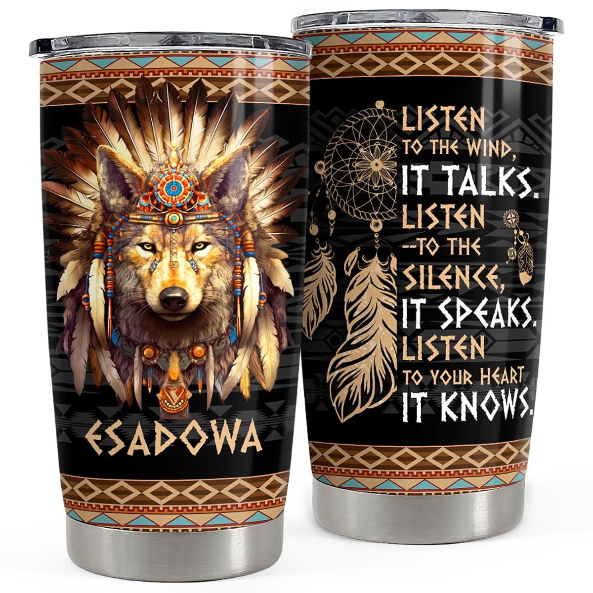 Sandjest Personalized Wolf Tumbler Native American 20Oz 30Oz Tumblers With Lid Gift For Men Women Wolf Lovers Birthday Travel