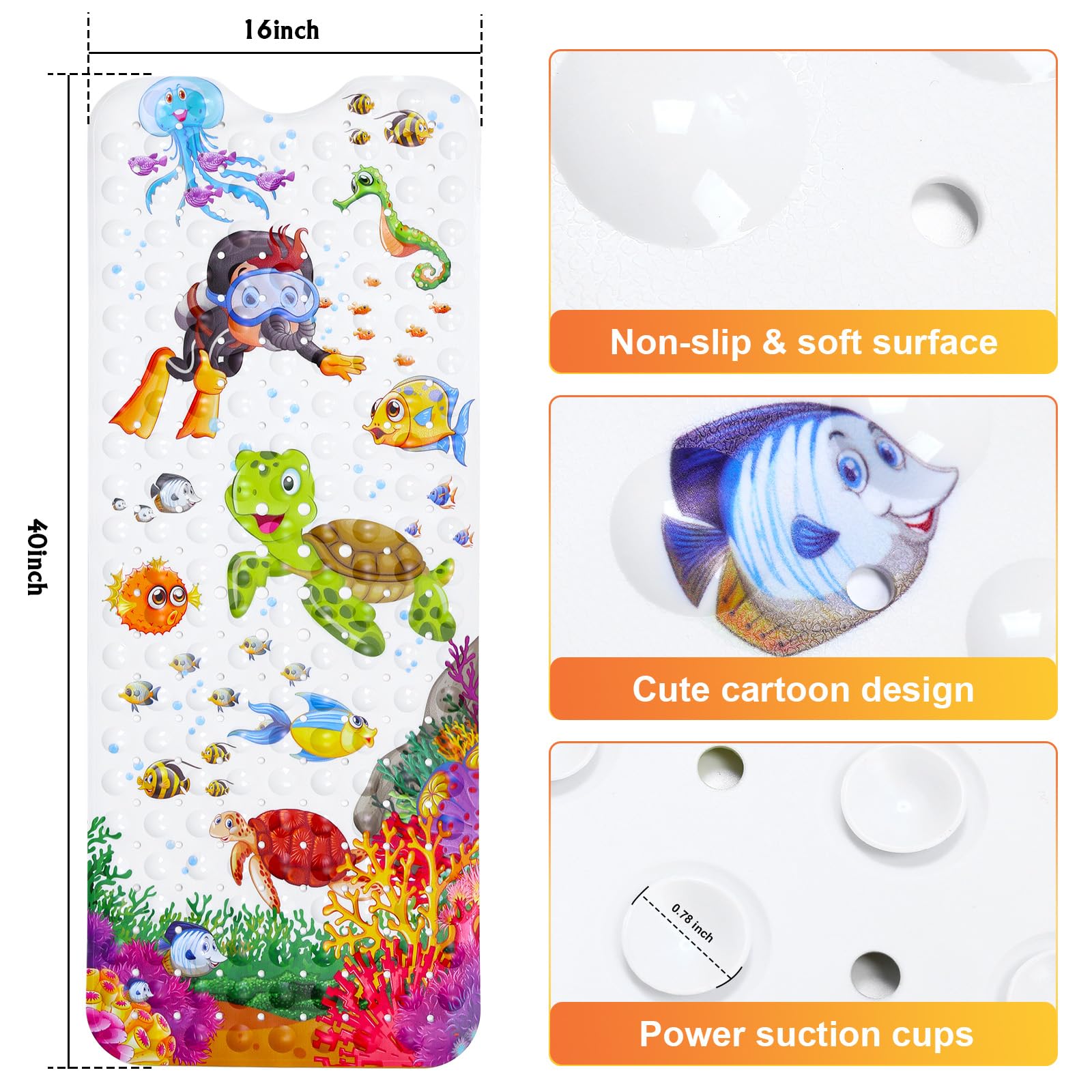 Secopad Baby Bath Mat for Tub for Kids  40 X 16 Inch Non Slip Cartoon Bath Tub Shower Mat Anti Slip with Drain Holes and Suction Cups Machine Washable  Turtle