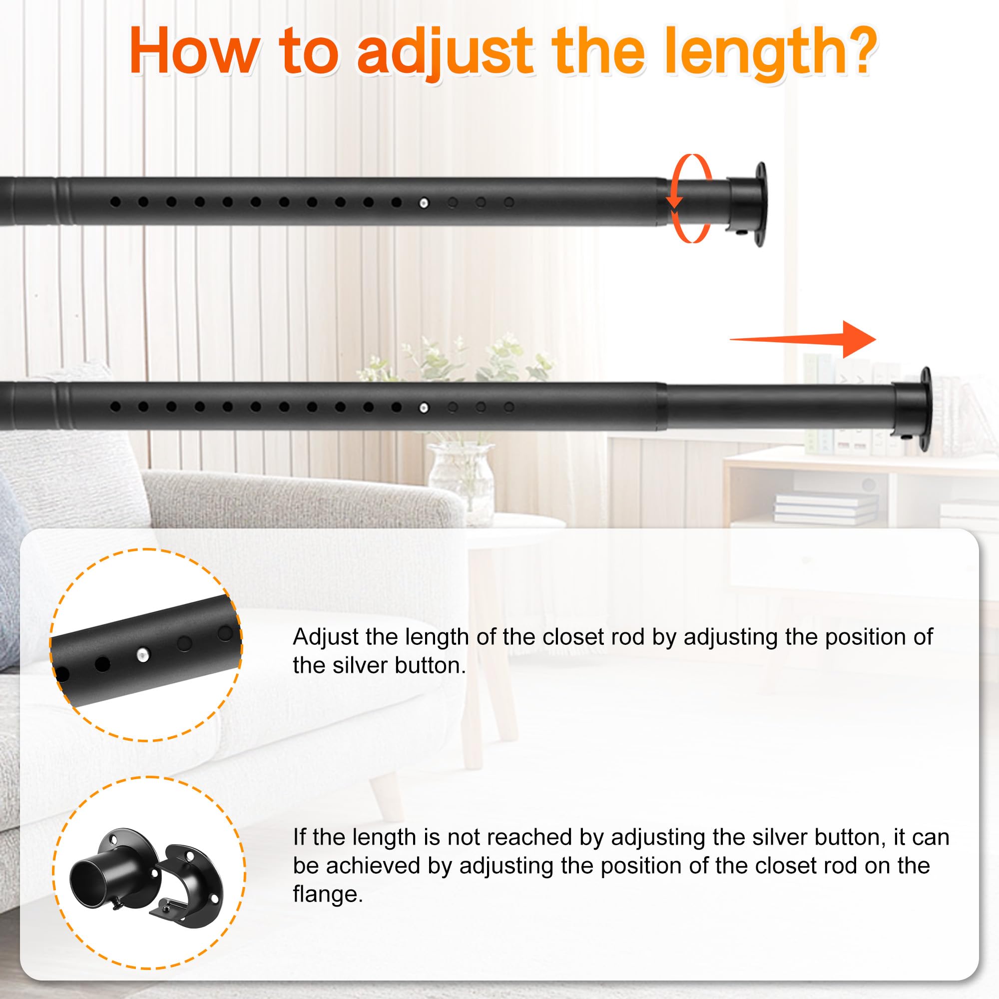Closet Rod, 17 To 86 Inches Adjustable Closet Rods For Hanging Clothes Heavy Duty Closet Hanging Rod Metal Black Rod For Closet,
