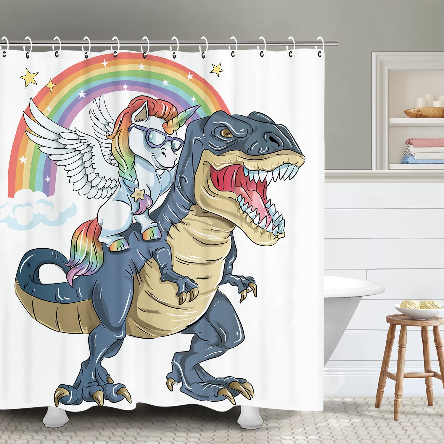 Rosielily Funny Shower Curtain, Dinosaur Shower Curtains Set With 12 Hooks, Unicorn Shower Curtain, Kids Bathroom Decor, 72''X72
