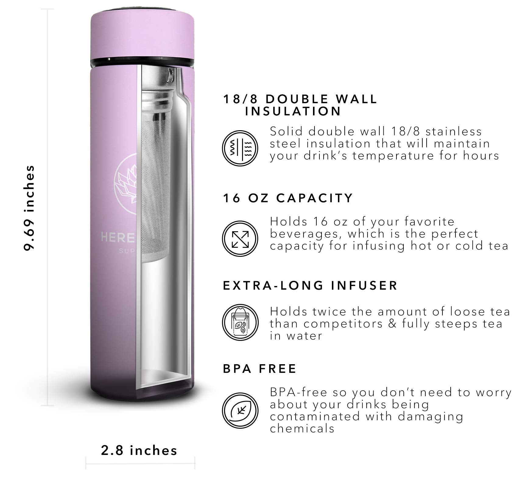 Multi-Purpose Travel Mug And Tumbler | Fruit Infused Flask | Hot & Cold Double Wall Stainless Steel Thermos | Extra Long Infuser