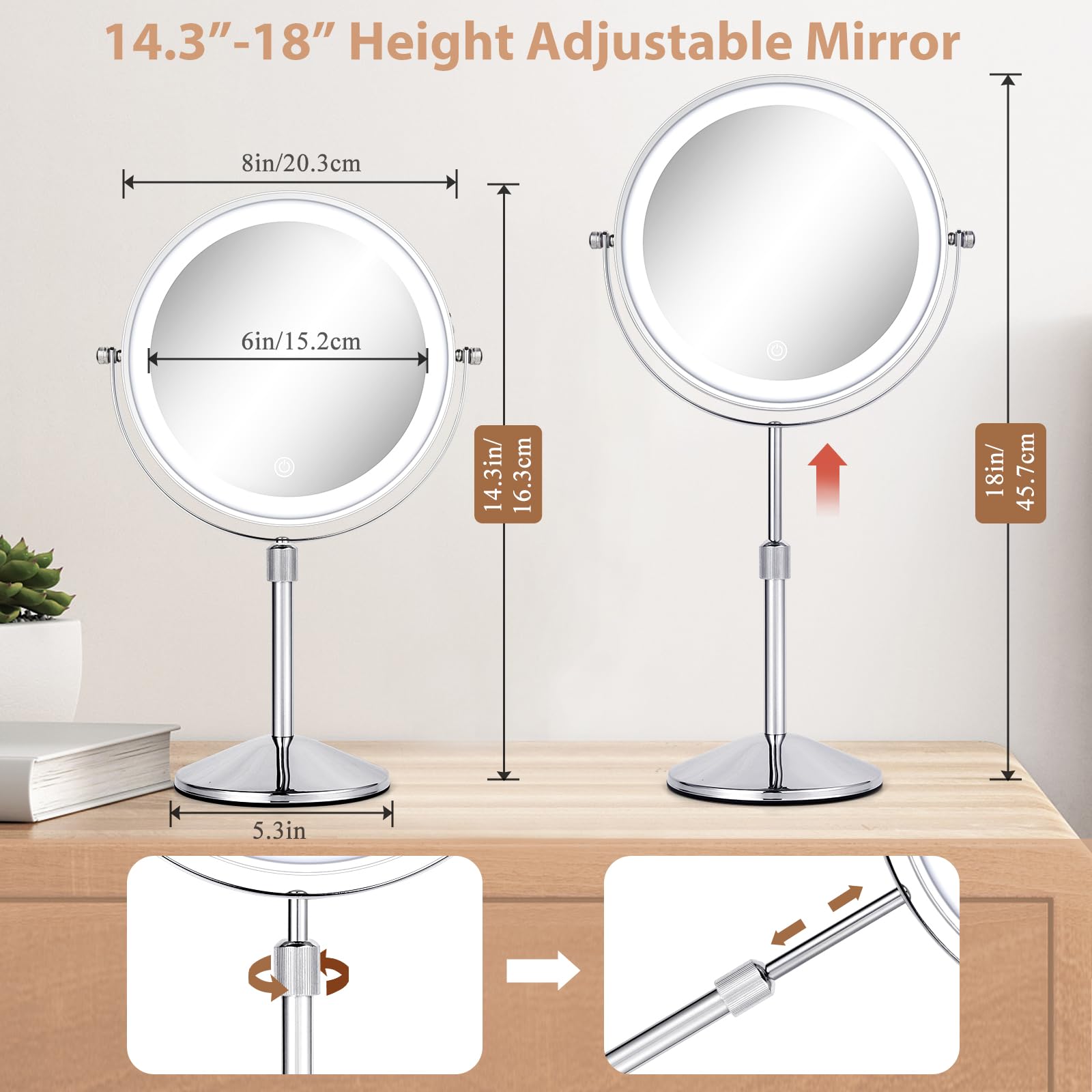Ffowcye 8'' Lighted Makeup Mirror With Adjustable Height, 1X/10X Magnification, Rechargeable Led Vanity Mirror With 3 Color Mode