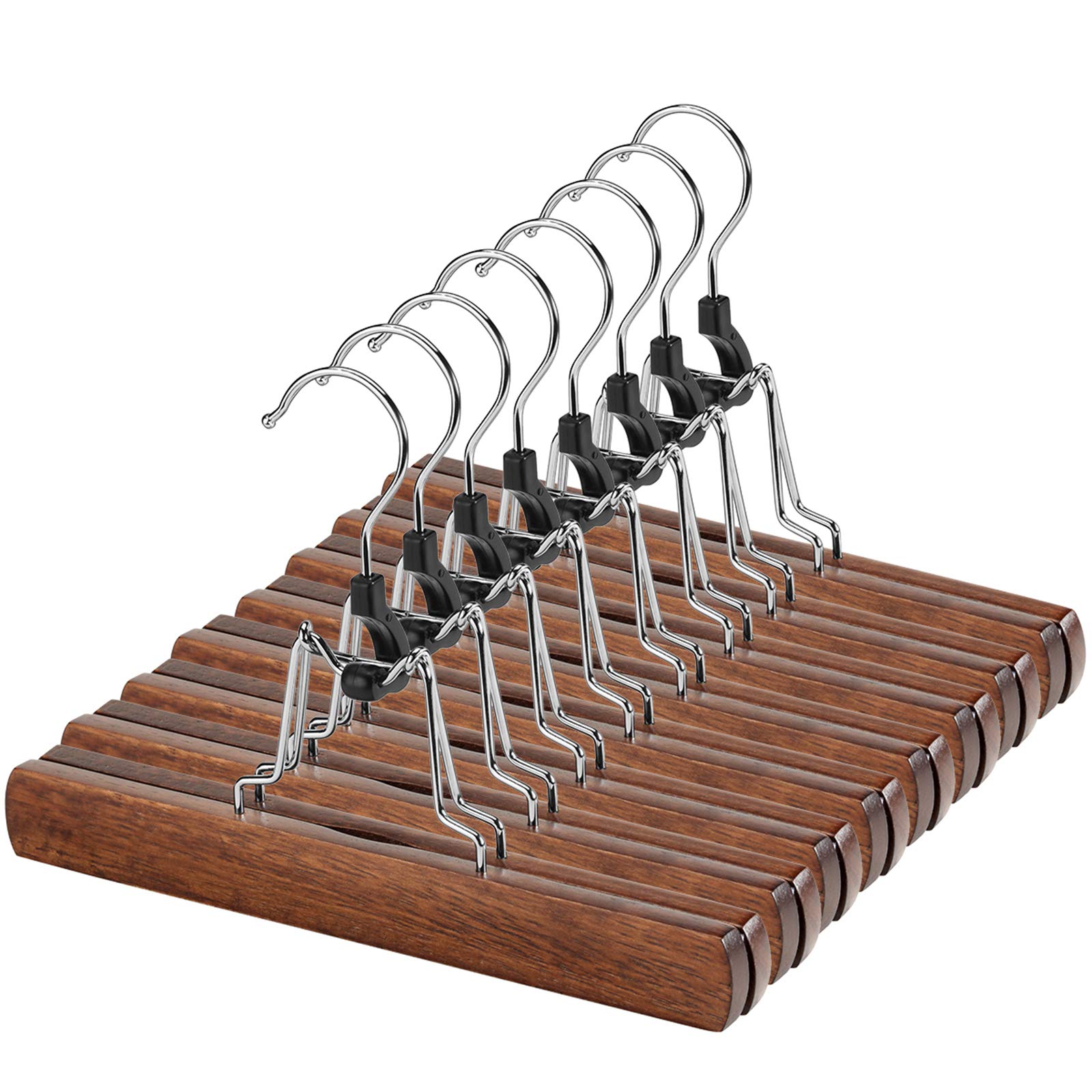 Amkufo 12 Pack Wooden Pants Hangers With Clips Non Slip Skirt Hangers Walnut Trouser Clamp Hanger Solid Wood Hanger With 360